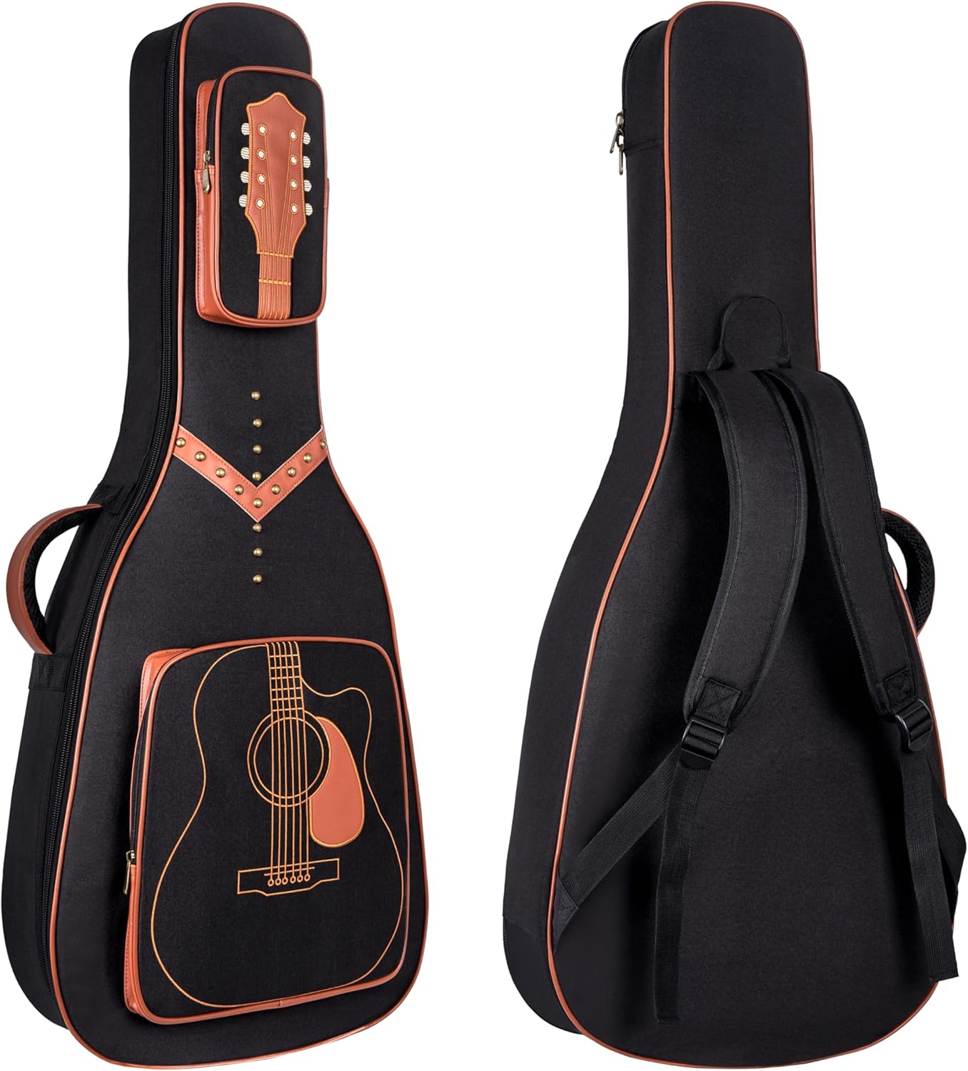 40/41/42" Acoustic Guitar Gig Bag, 0.5 Inch Thick Padding & Backpack Straps, Water-Resistant PU Leather Guitar Case with Embroidery & Rivet Studded Design, 2 Storage Pockets & Neck Fixed Strap