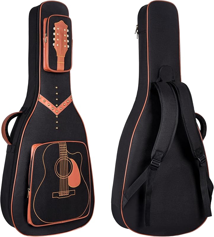 40/41/42" Acoustic Guitar Bag,Waterproof PU Leather Embroidery Rivet | Embroidered Rivet Design | 0.5" Shockproof Padding | 2 Storage Pockets |Ergonomic Padded Straps |Neck Strap |For Gig Practice