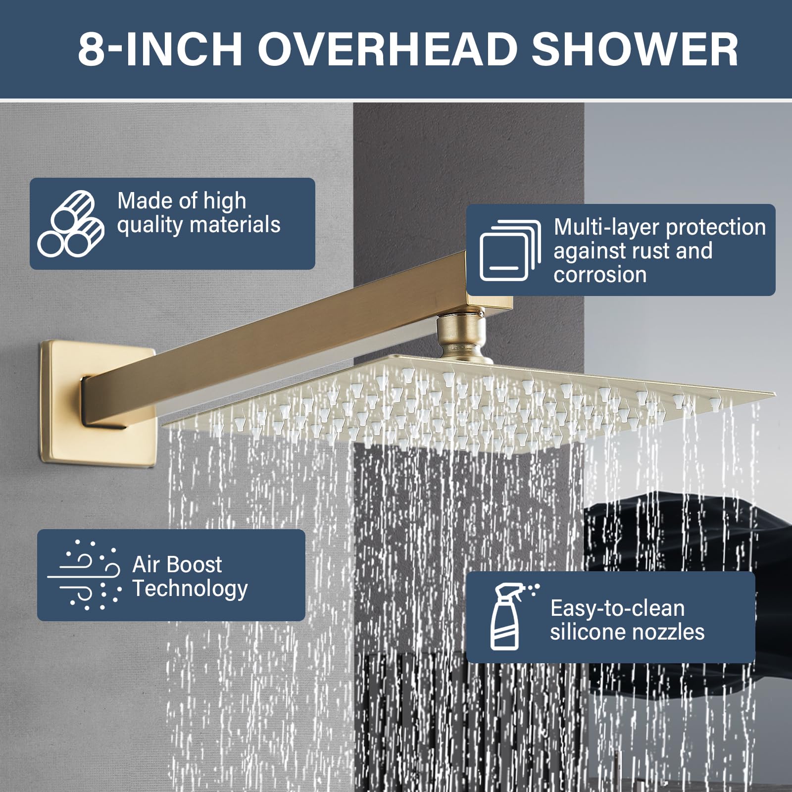Doccia a Incasso Doccia Sistema con Valvola Montaggio a Parete Soffione Doccia a Pioggia Quadrato da 20cm,Doccetta,Rubinetto Vasca Da Bagno,Oro Spazzolato