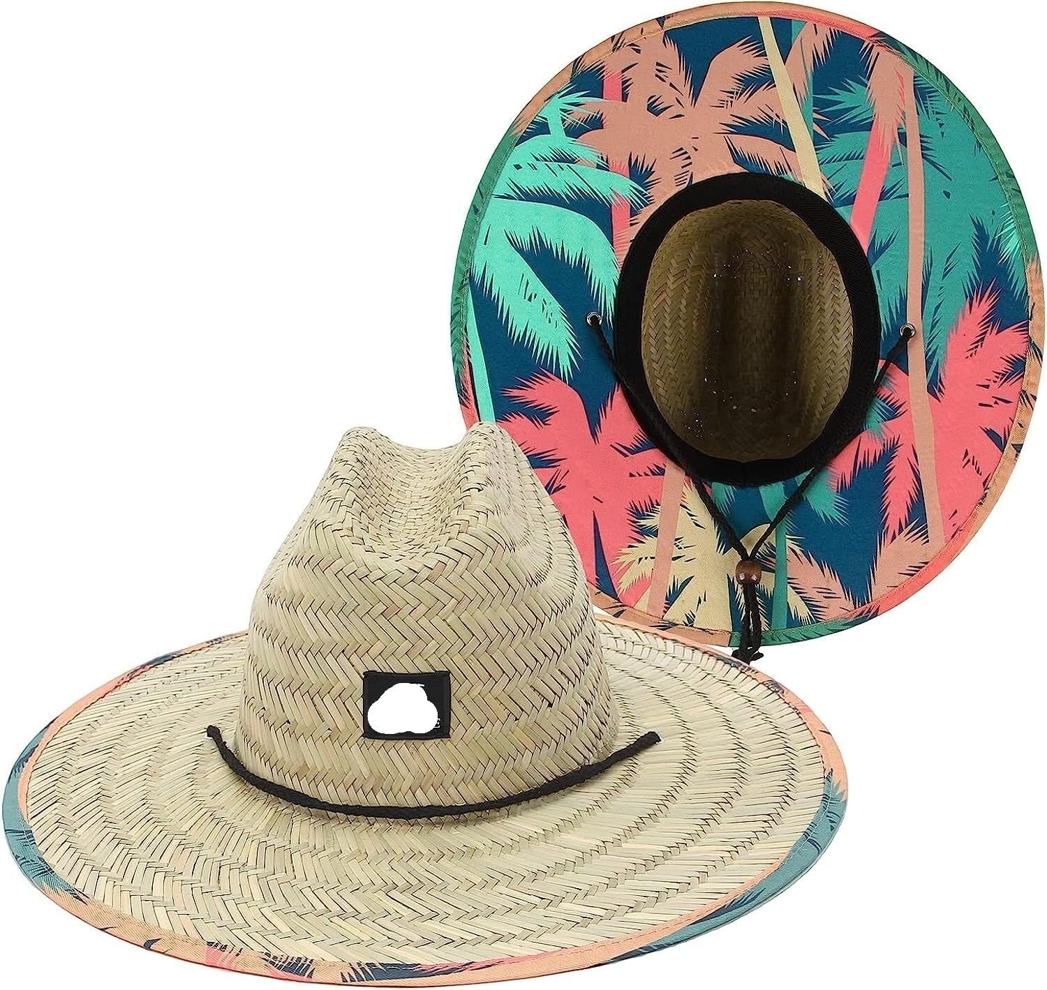 KaTiak Sombreros for el sol Sombrero de playa de paja 50+ Sombrero de salvavidas de paja, Sombrero Fedora estampado de ala grande unisex Sombrero de pesca de paja Sombrero de protección solar al aire libre e