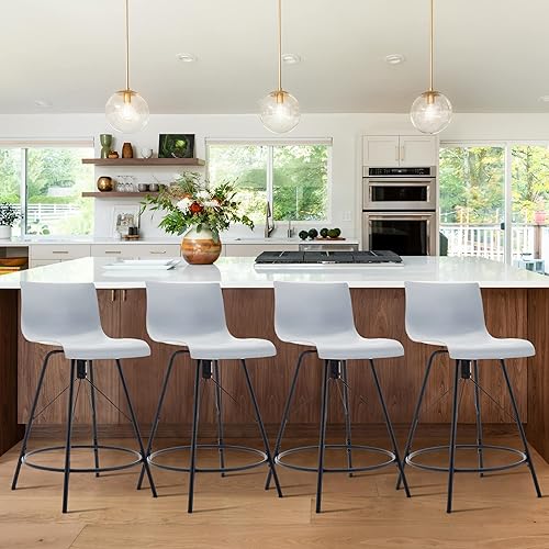 Miniatura 9 de Awonde Juego de 4 taburetes giratorios de plástico de 30 pulgadas, taburetes de bar modernos grises con respaldo de barra de cocina, sillas de bar