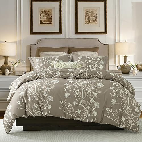EWlinens Funda de edredón floral tamaño King, funda de ropa de cama con ramas color marrón topo, juego de ropa de cama de algodón de 3 piezas con