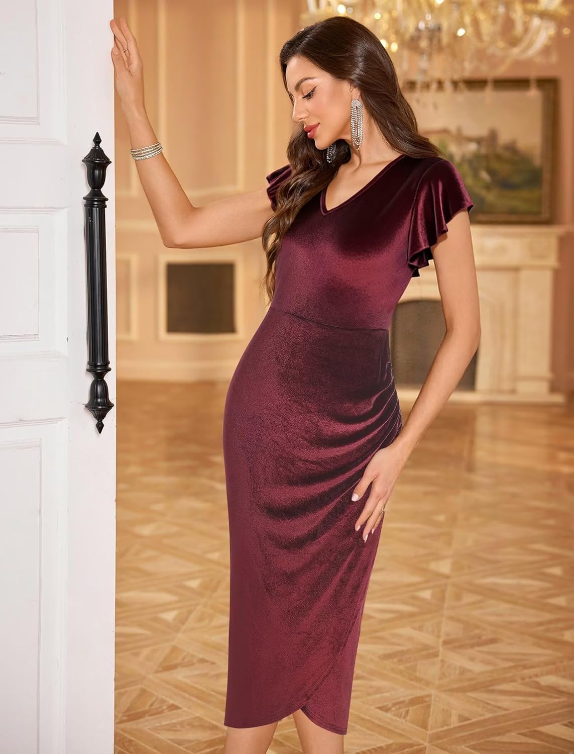 ZAFUL Velvet Dress for Women Wedding Guest Dress Ruffle Sleeve Ruched Bodycon Cocktail Party Dresses - Image 5