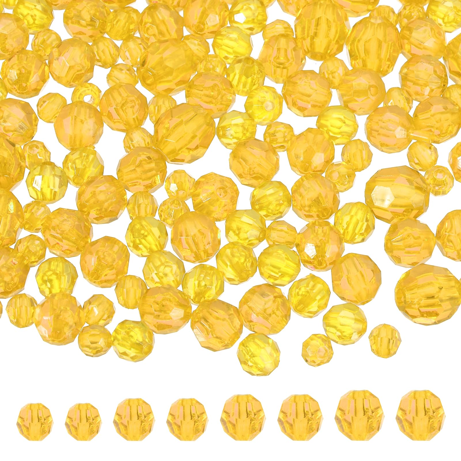 sourcing map 850 Pcs Acrylic Round Faceted Beads 6mm 8mm 10mm 12mm Loose Crystal Spacer Bead for Bracelets Necklace Keychains DIY Crafts Jewelry Making, Golden Yellow