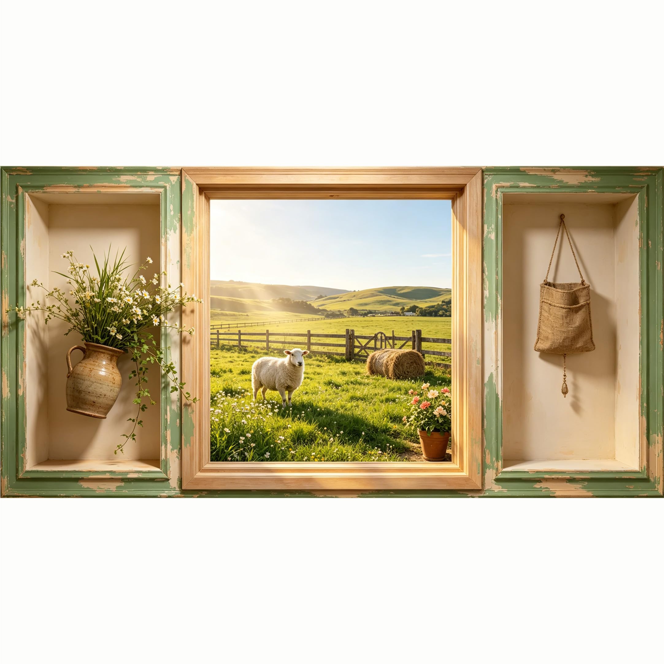 QZLITHOTIC 50x100cm 3D Framed Wall Art， Farmhouse Meadow Sheep Landscape Self‑Adhesive Mural， Water‑Activated Peel & Stick Fabric Decor Wall Decal for Bedroom Living Room