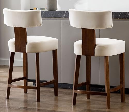 Miniatura 10 de VESCASA Taburetes de bar de altura de mostrador con patas de madera natural, sillas tapizadas modernas de lino de 27 pulgadas de alto con reposapiés