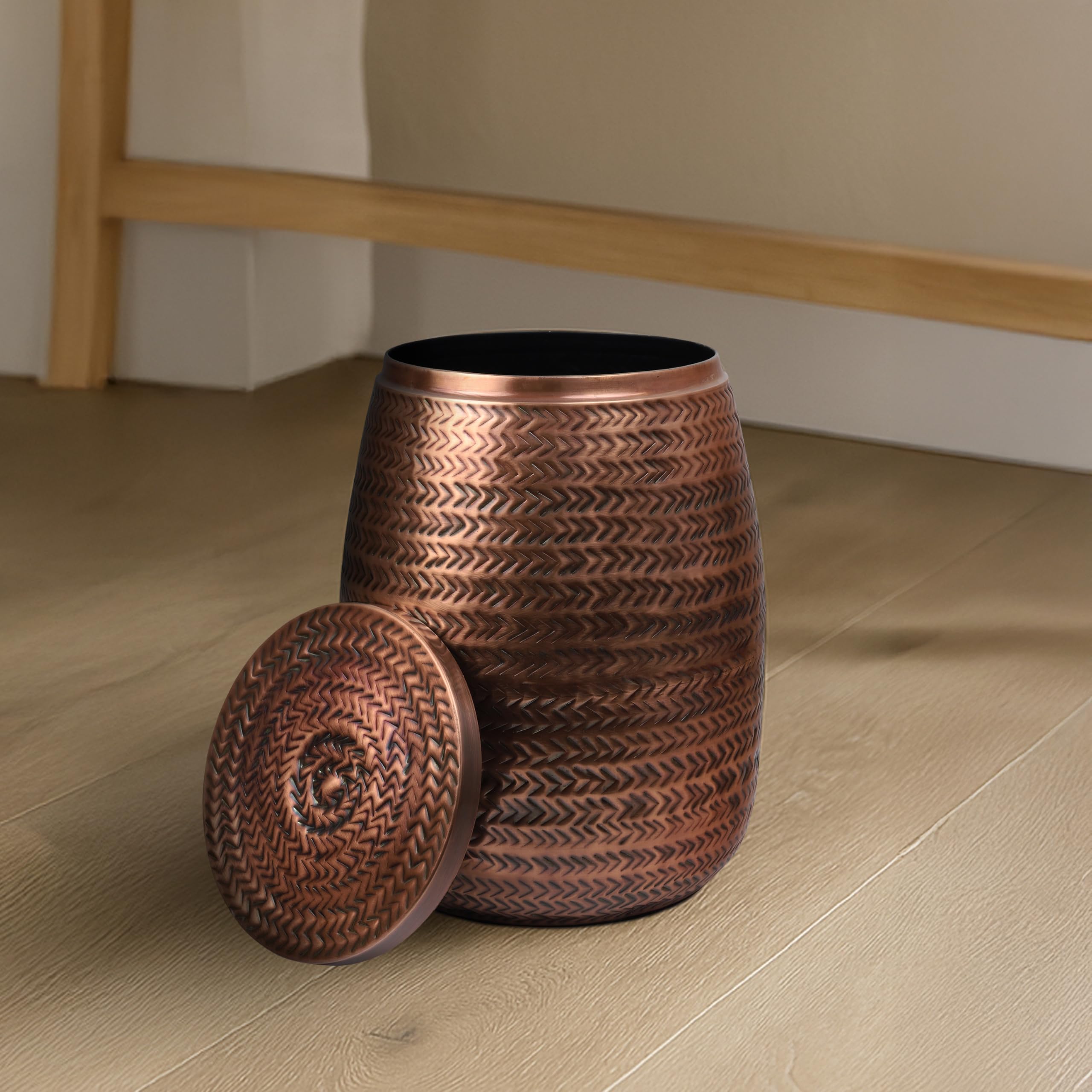 happimess Jasper Drum Storage Side Table Lid Iron 15", Antique Copper | Modern Rustic Arrow-Hammered Pattern, Versatile Accent For Living Room Or Bedroom, Lacquered Finish, 1.22 Cubic Feet Capacity