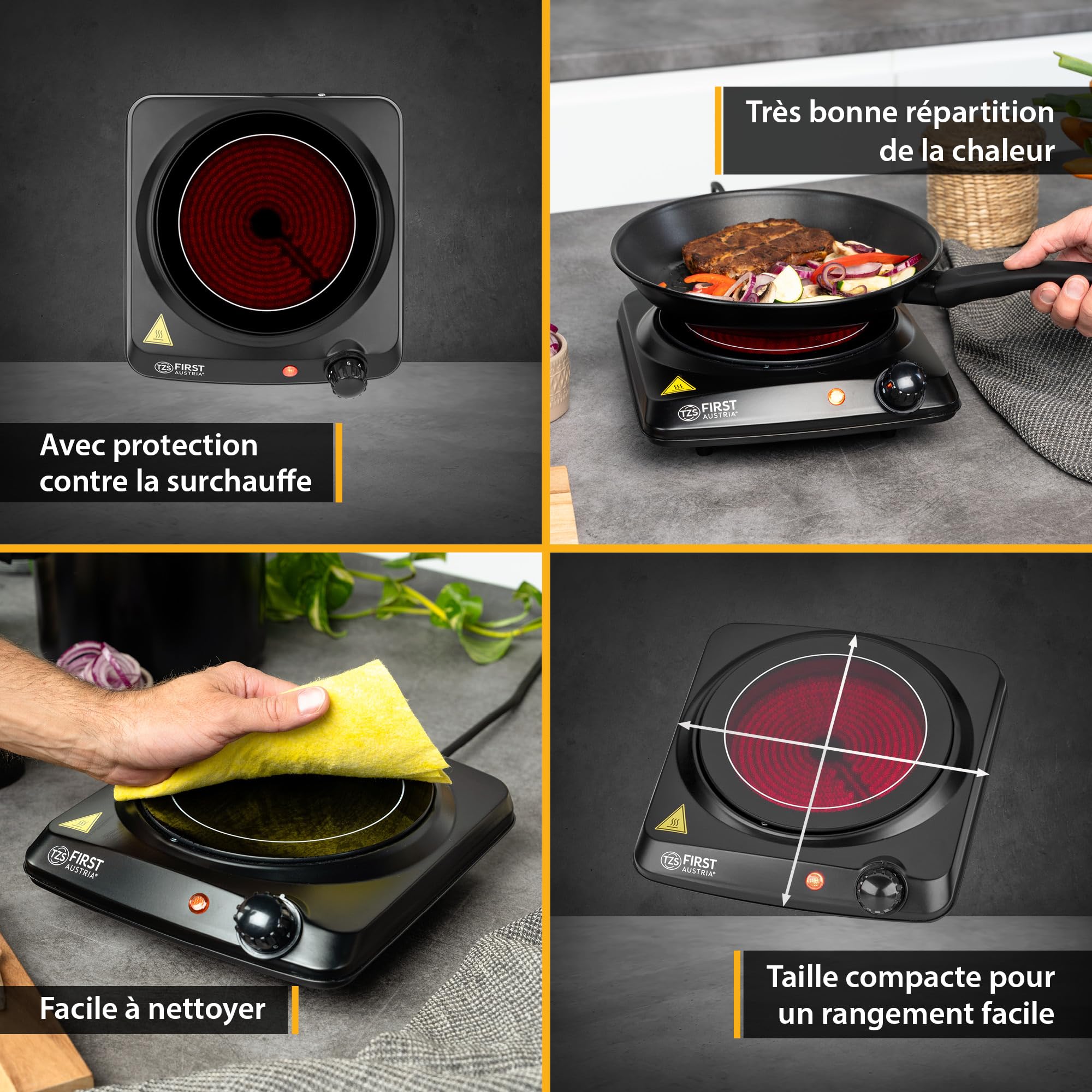 TZS First Austria - Plaque infrarouge 1200W - Ø 175 mm - Réchaud portable avec protection antisurchauffe & thermostat réglable - Plaque vitrocéramique pour tous types de casseroles