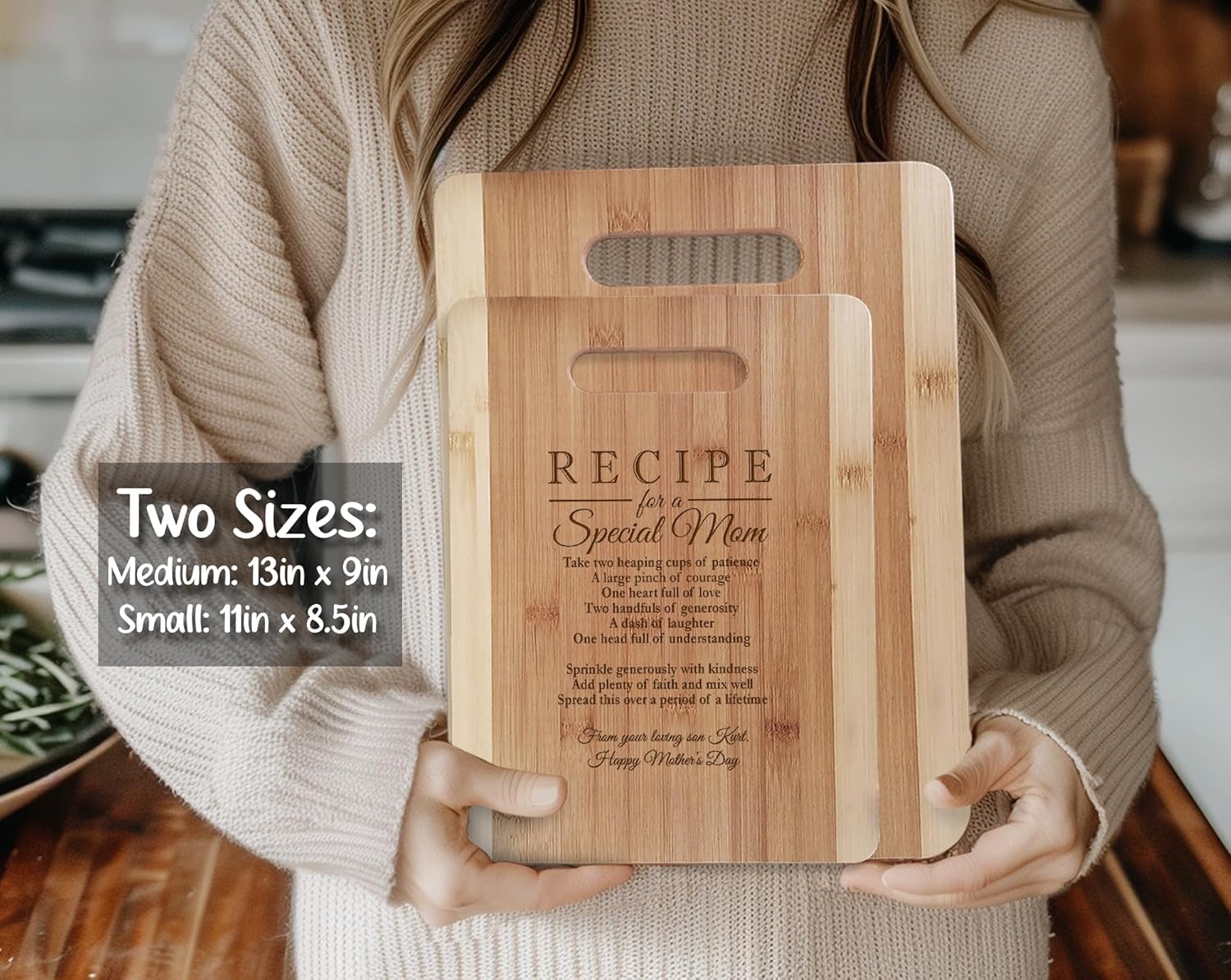 Mothers Day Gift Recipe for a Special Mom (Medium 13"x9.5", Customized) Bamboo Serving Cutting Board for Mothers Day Birthday or Christmas