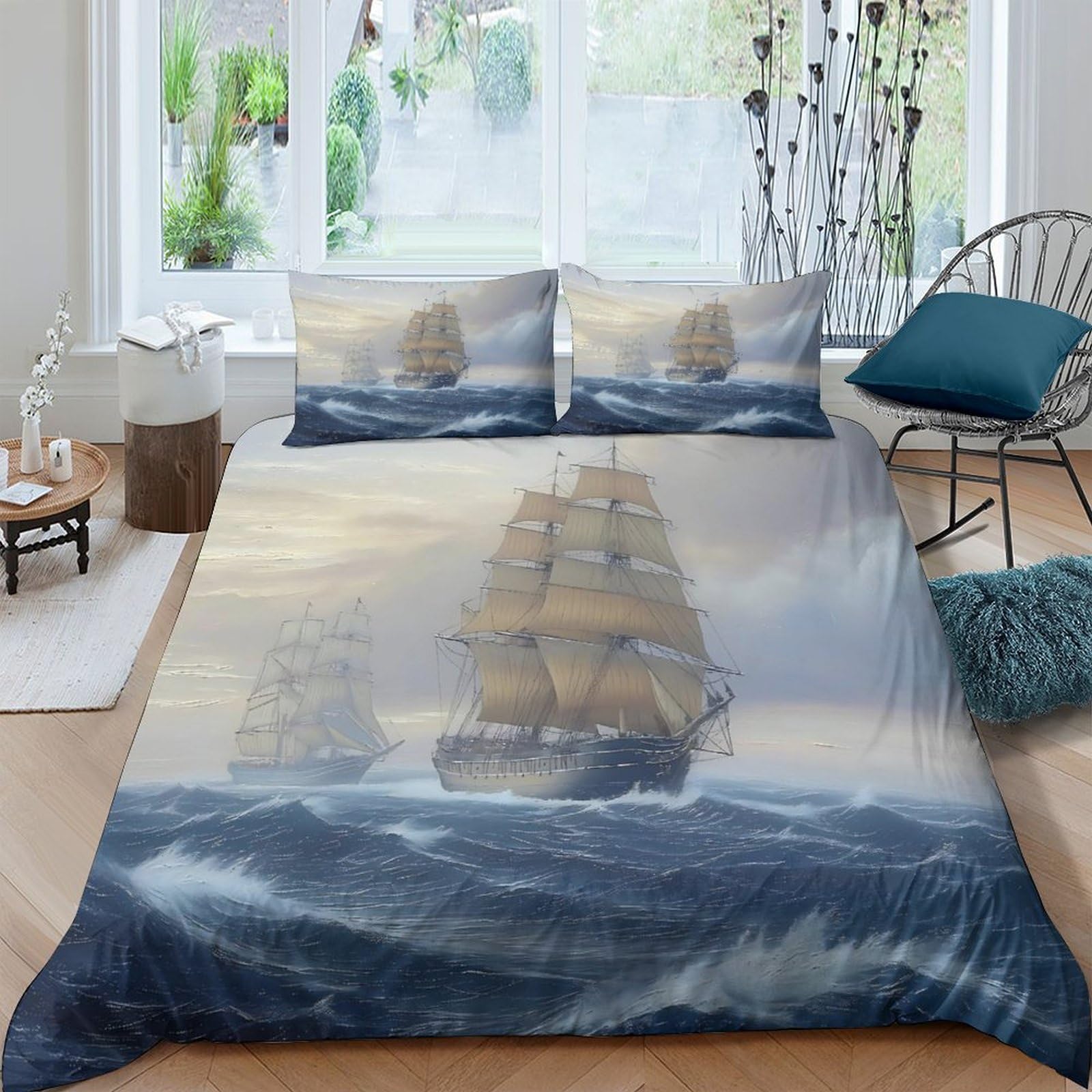 Ctjqhvkz Style-2 3D Printed Vintage Sailing Ship Fitted Sheet Microfiber Soft Navy Ocean Waves Mattress Cover Bedroom Decor Single（135X200cm）