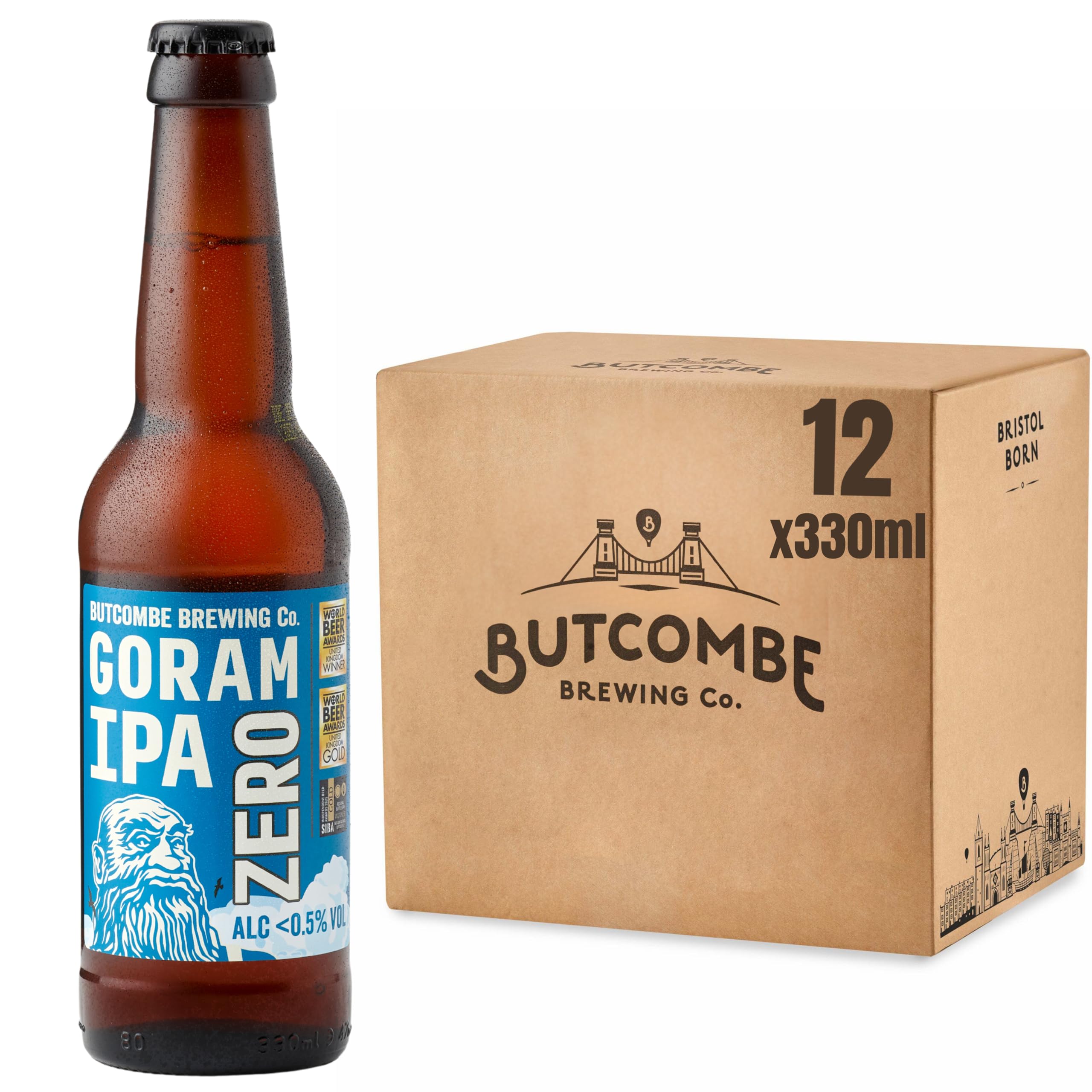 Butcombe Brewery, Goram IPA Zero Alcohol-Free Bottles, Vegan Friendly, Stone Fruit, Citrus, and Bitter Notes, 12 x 330ml