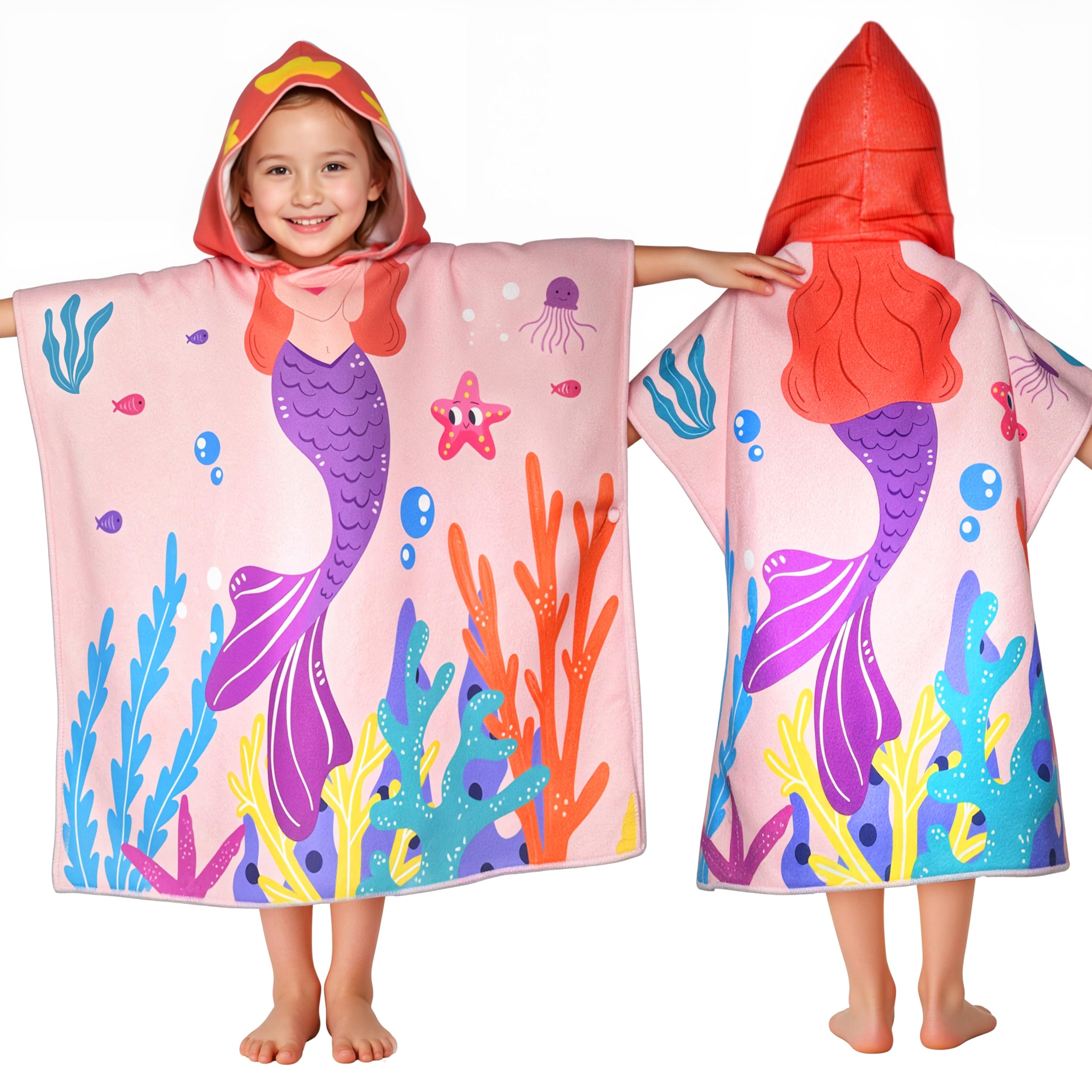 Mermaid Hooded Towels for Kids, with Backpack, Kids Beach Towel 30"x 25" for 3-10 Years, Mermaid Gifts for Girls, Toddler Swim Cover Up & Bath Robe