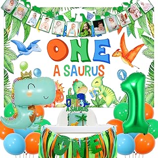 Dinosaur 1st Birthday Decorations Boy - Roar One Backdrop, Dinosaur Monthly Photo Banner, Cake Topper, High Chair Banner, Balloons for One a Saurus Dino First Birthday Party
