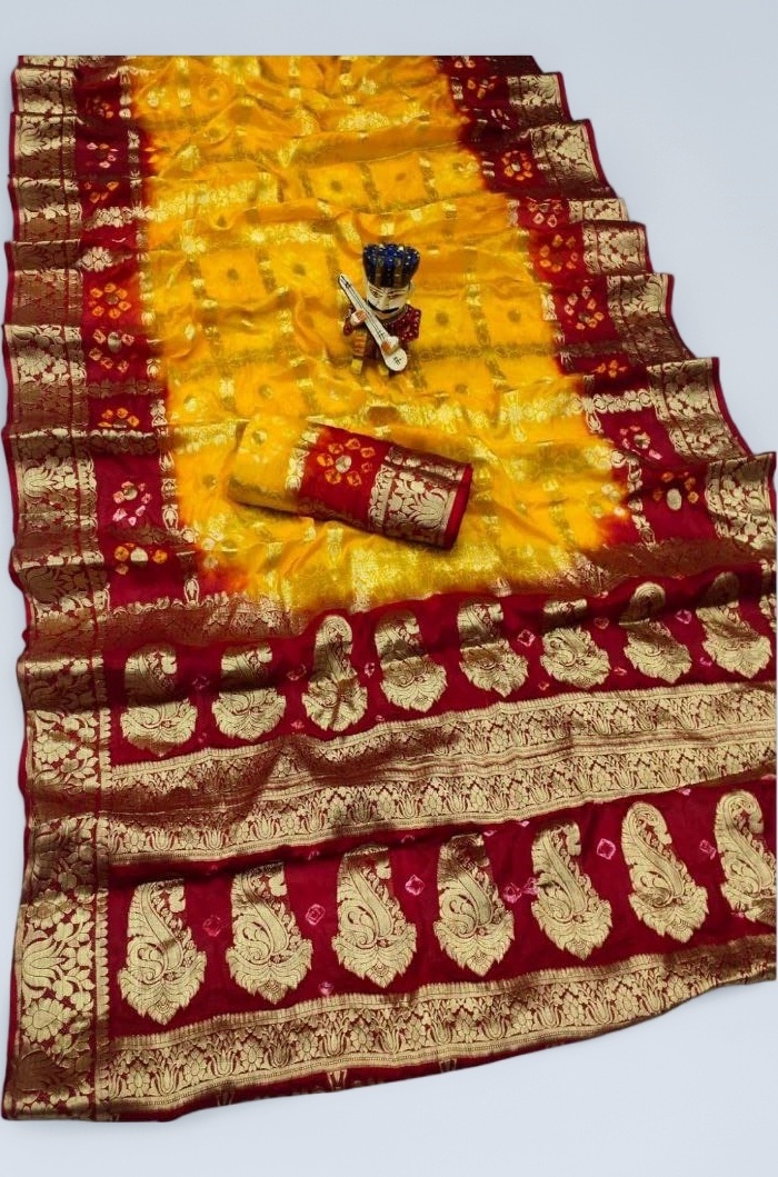 Women's Bandhej Banarasi Silk Zari Work Saree with Running Blouse (Saree - 5.5 Meter & Blouse - 0.80 Meter)(Saree Come without Roll Press & Small Holes May Come Due to Hand Die Bandhej)