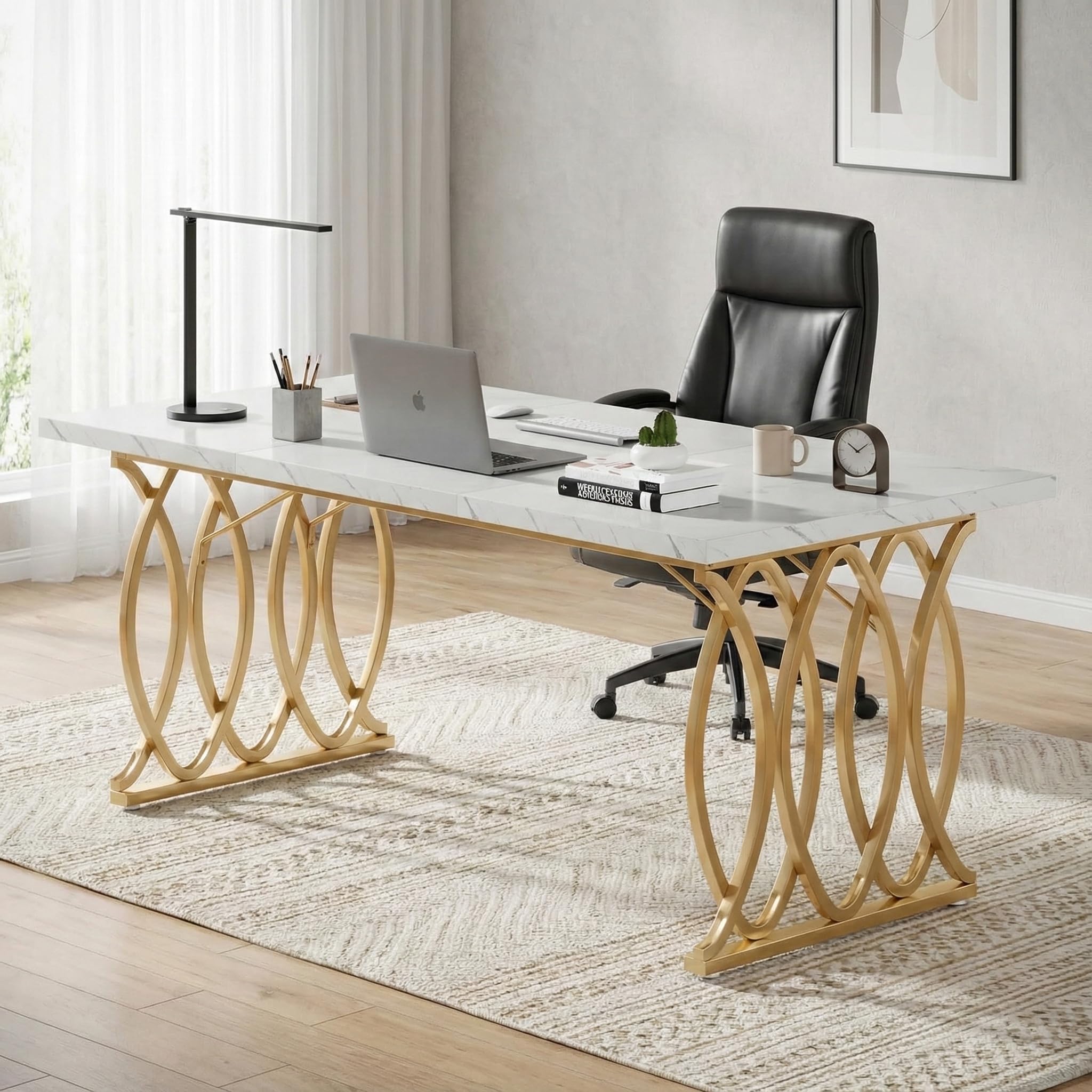 Lailang 160cm Scrivania Per Pc E Stampante, Tavolo Ufficio Riunioni, Mobili Ufficio Moderni, Scrivania Gaming Bianca, Arredamento Casa, Tavolo Legno, 160 x 80 x 75 cm, Oro