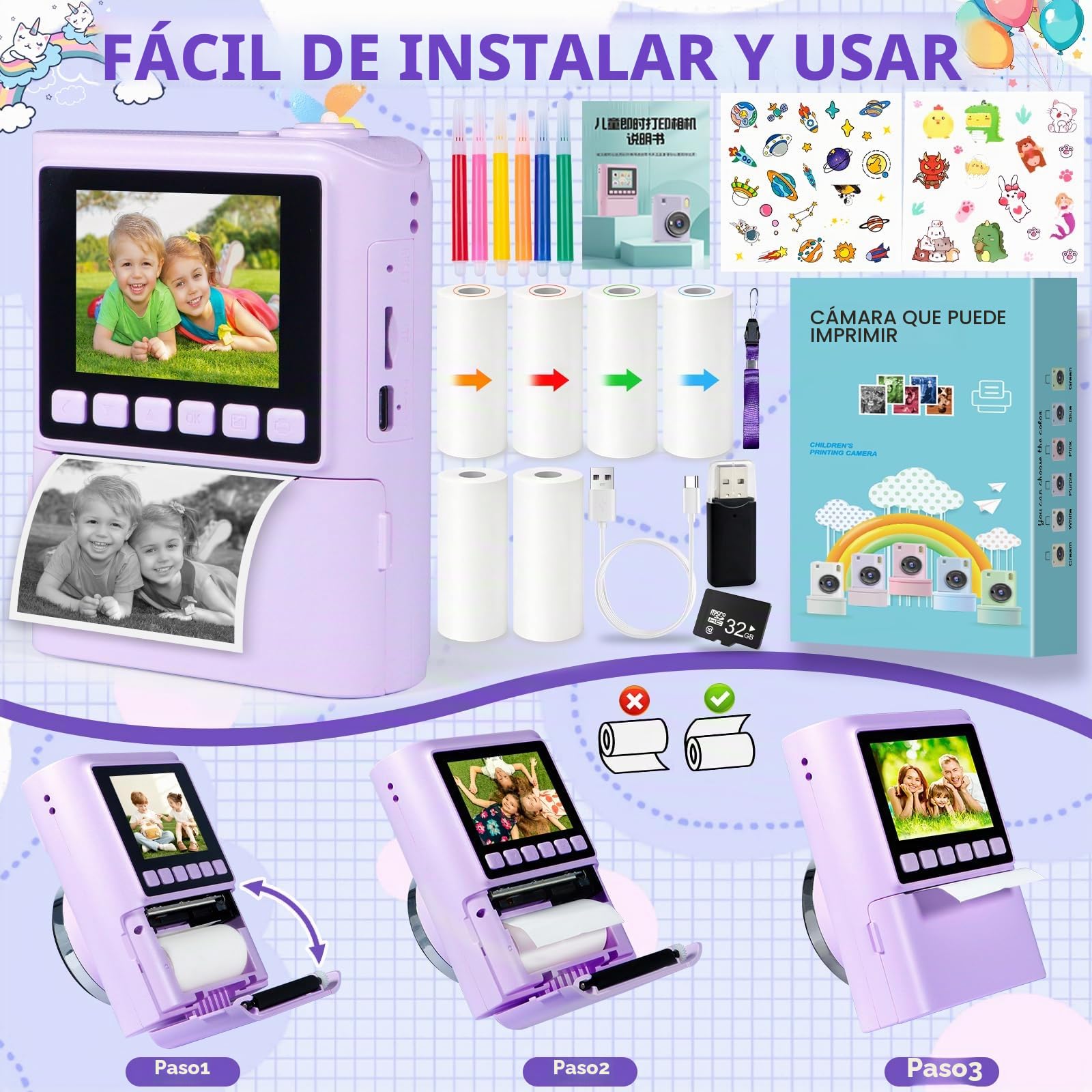 Camara Fotos Infantil Instantanea, HD 1080P Camara de Fotos Instantaneas, con Tarjeta de 32G y 6 Rollos Papel de Impresión, Cámara Instantánea, Regalo para Niñas y Niños de 3 a 12 Años