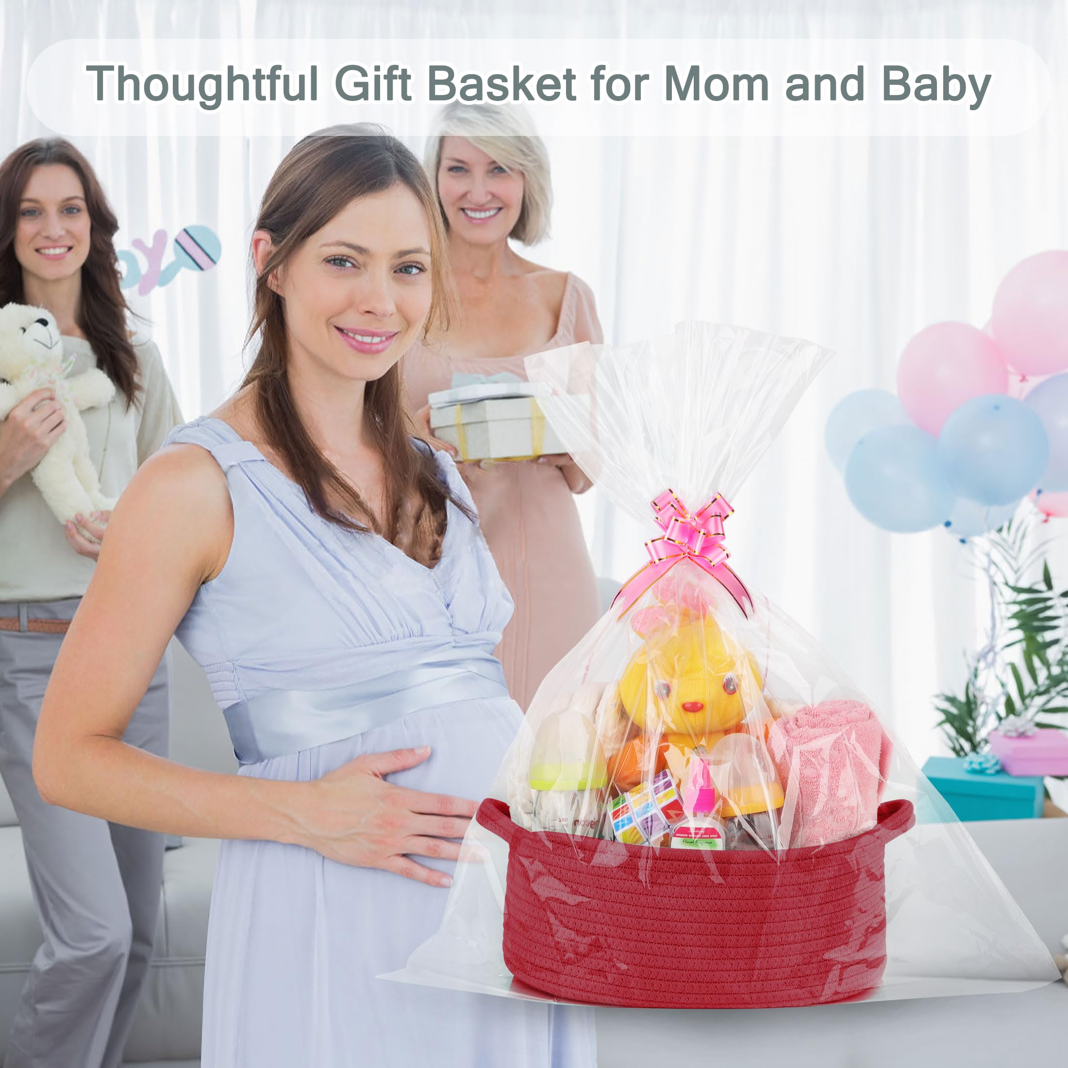 COMSE Small Woven Basket with Gift Bags and Ribbons, Gift Basket Empty, Cotton Rope Storage Organizer, Baby Toy Box with Handles, 12" x 8" x 5", Red