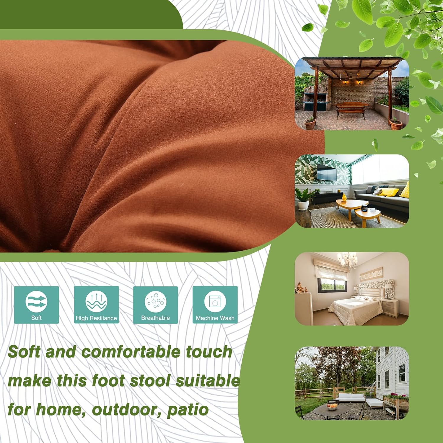 15" foldable foot stool ottoman with metal frame - washable brown upholstered indoor/outdoor footrest for living room, bedroom, patio - space-saving compact design