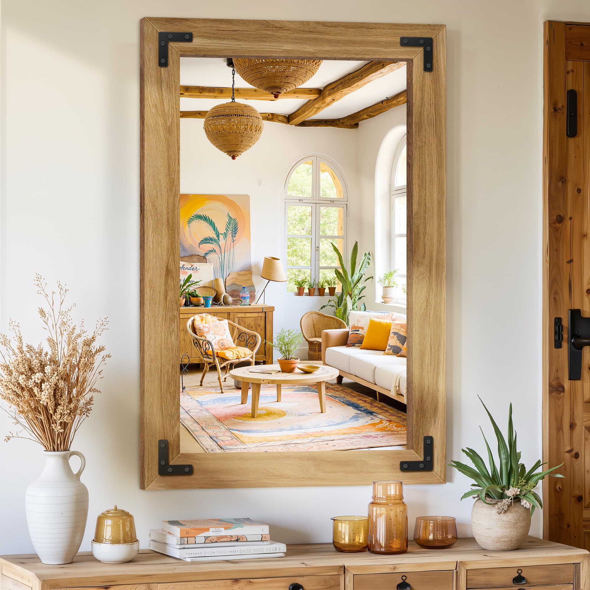 Bathroom Mirror for Wall with Wooden Frame, 36"x24" Solid Wood Vanity ...