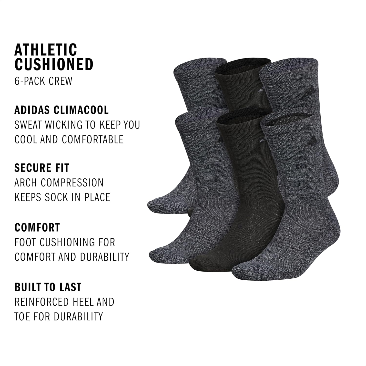 adidas mens Athletic Cushioned 6-pack Crew, Cushioned Crew Socks With Arch Compression for a Secure Fit - Image 4