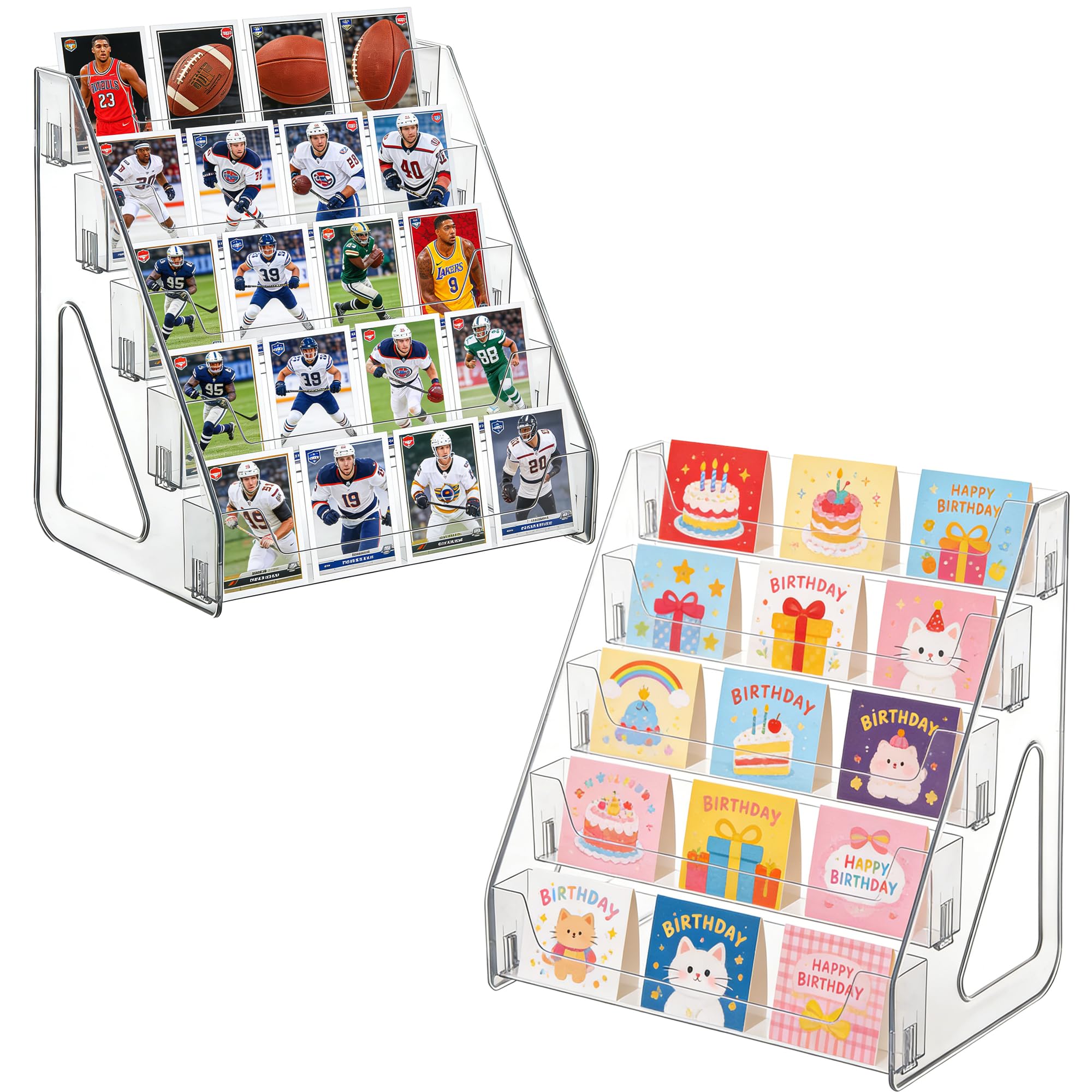 Confezione da 2 espositori in acrilico a 5 ripiani, espositore per carte collezionabili rimovibili, espositore verticale trasparente per gioielli, biglietti, volantini, profumi, adesivi