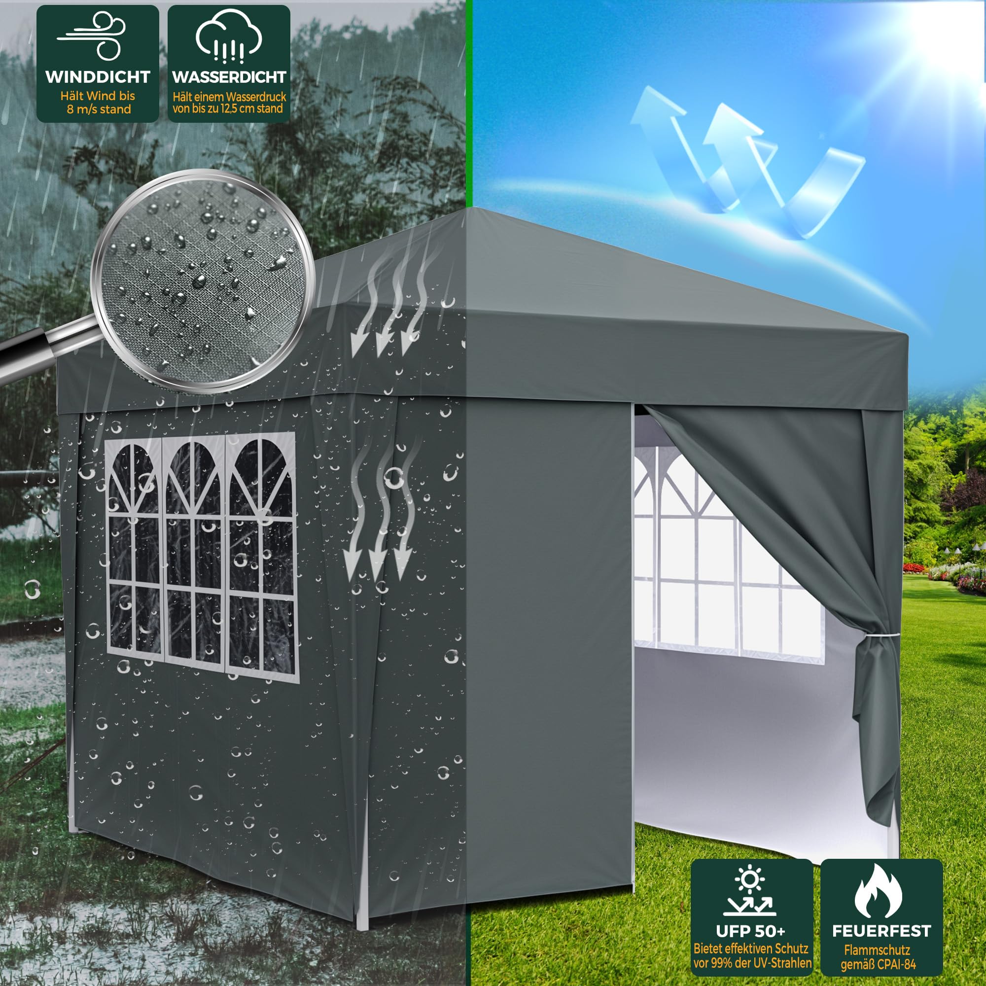 Pavillon 3x3m, Pop-Up Faltpavillon Wasserdicht, Gartenzelt UV Schutz 50+, Partyzelt wasserdicht stabil mit Tragetasche, Höhenverstellbar Faltbar Gartenzelt mit 4 Seitenwänden, für Garten, Party (3*3M)