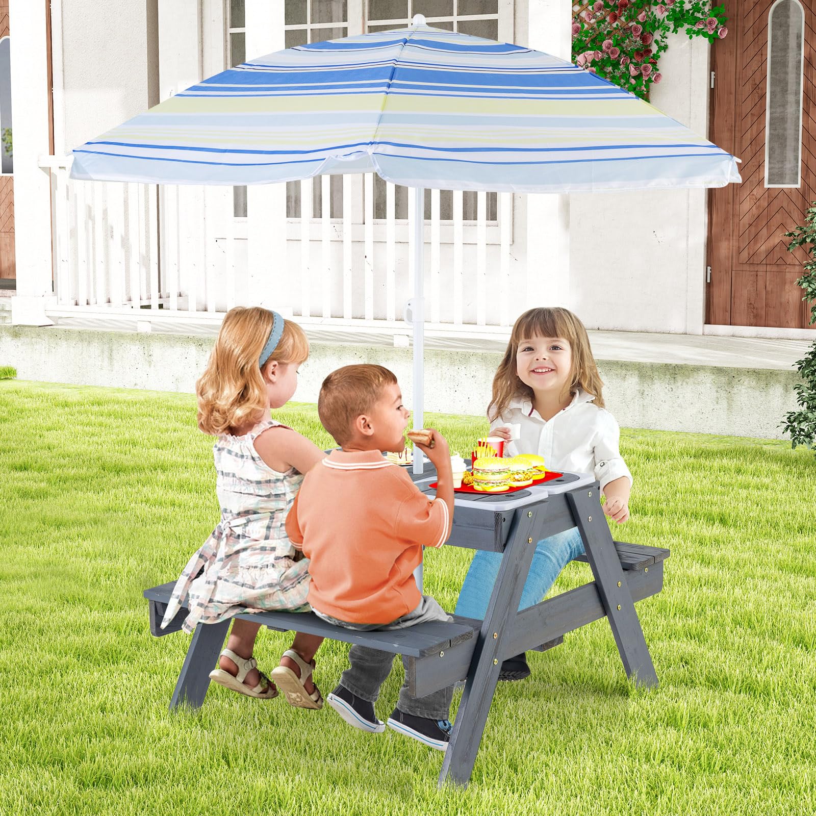 HONEY JOY Kids Picnic Table, 4 in 1 Cedar Wooden Sand & Water Table w/ 3 Removable Box & Umbrella, Kids Picnic Tables for Outdoors Backyard Garden, Toddler Patio Furniture Set for Boys Girls(Gray)