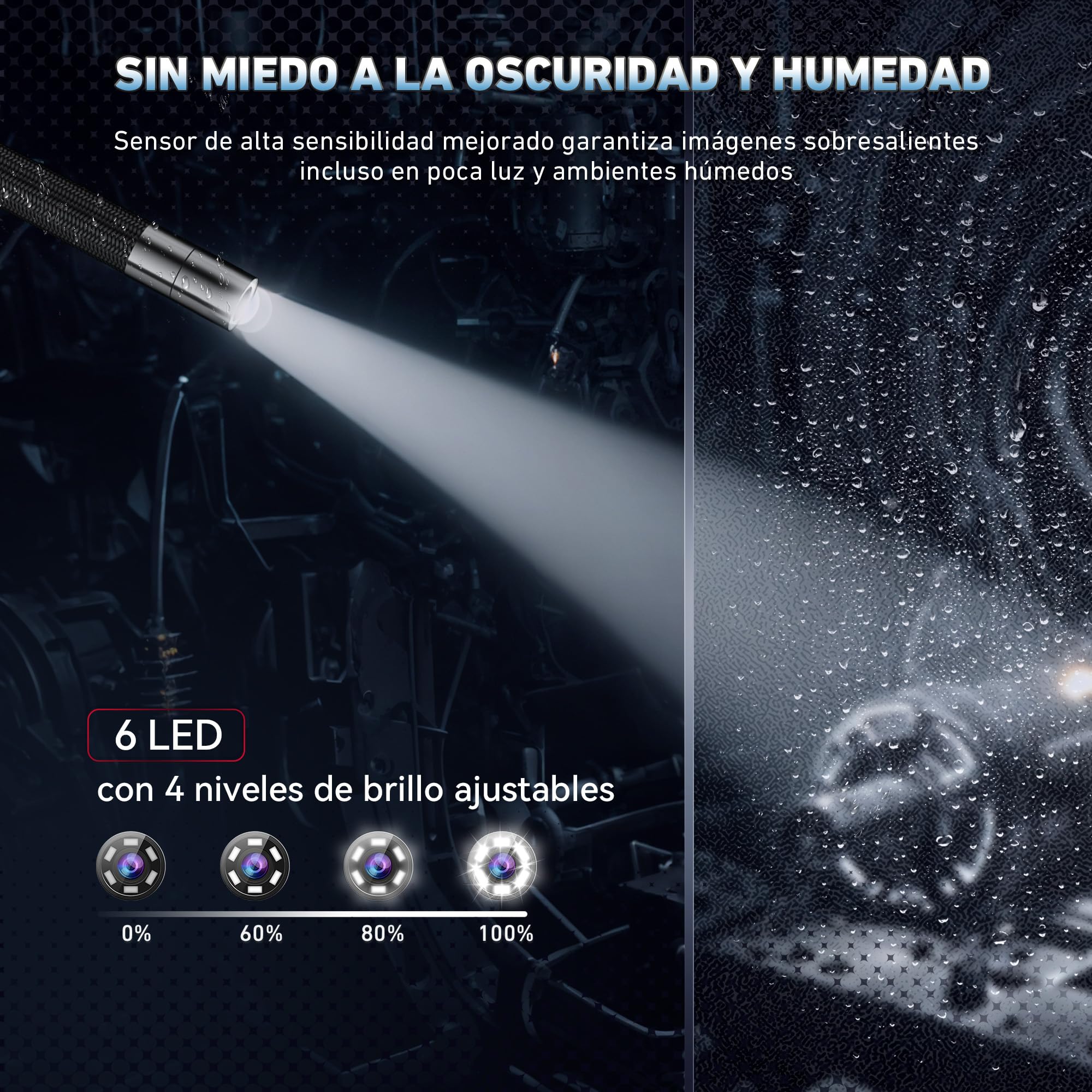Ralcam Endoscopio 360° Ajustable con Pantalla HD 5" 1280×720, Sonda 6,2 mm con 6 Luces LED, Cable Semirrígido 1,5 m, Impermeable IP67 para Inspección Profesional