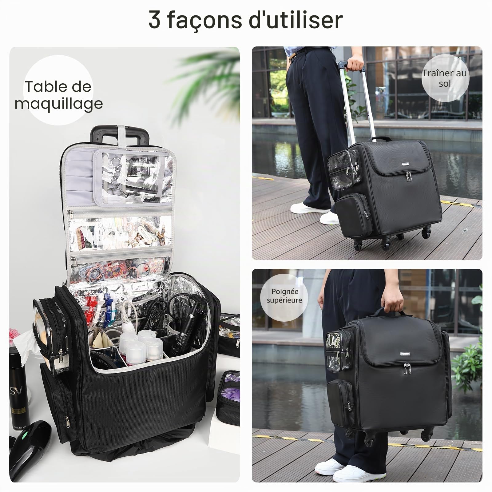 Valise cosmétique roulante, sac de voyage pour coiffeur avec 4 roues, isolation thermique, séparateurs réglables, outils pour cheveux et cosmétiques - Organisateur de rangement à roulettes, Noir ,