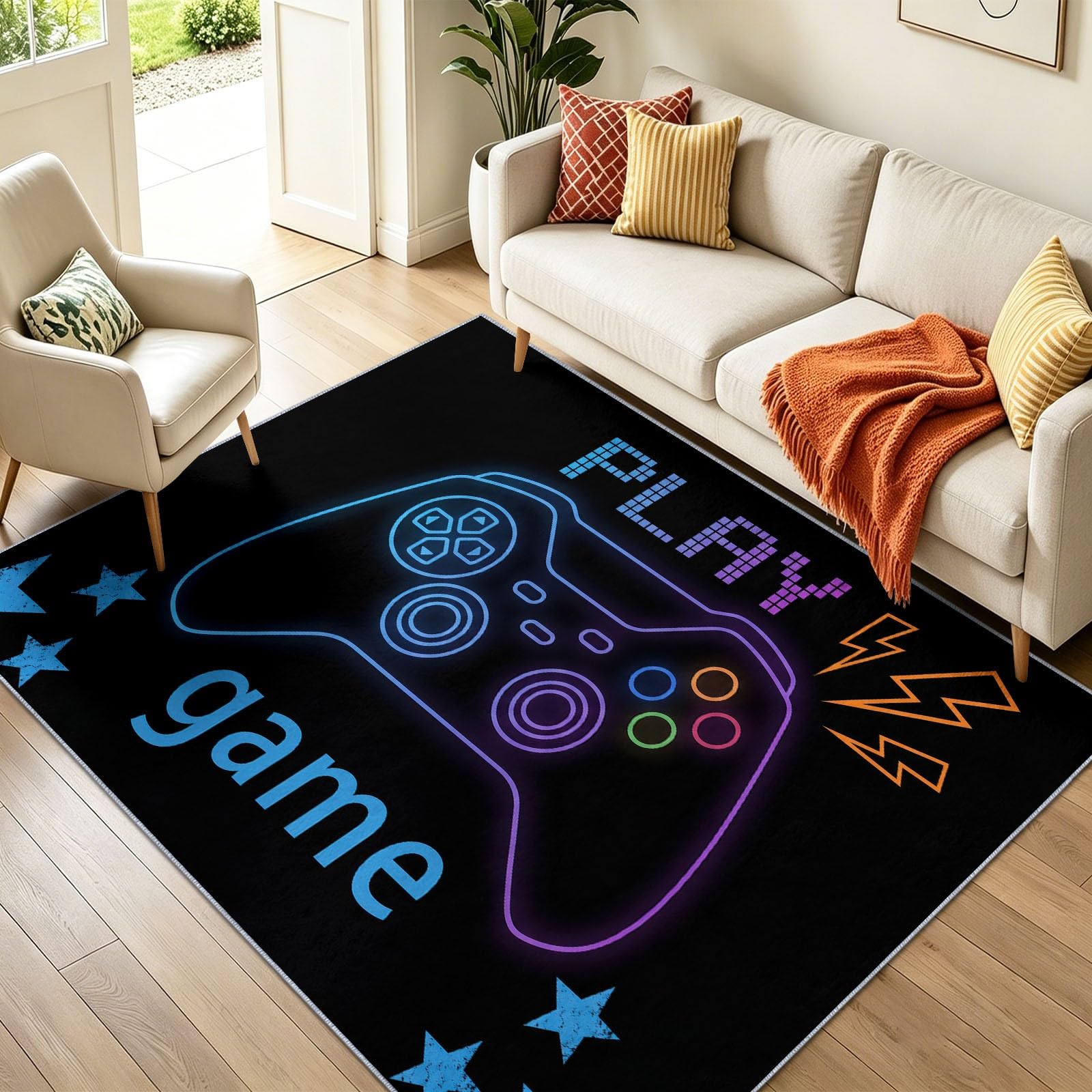 Tappeto Soggiorno 140 x 200 cm Gioco Controller di Videogioco Minimalista Moquette Lavabile in Lavatrice con Fondo Antiscivolo Tappeto Decorativo per Sala Gioco, Nero Blu