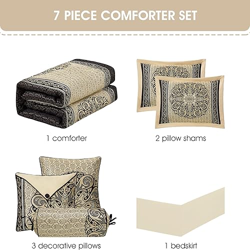 Miniatura 3 de Grand Avenue Medallion - Juego de edredón de 7 piezas, ropa de cama jacquard tamaño King, juego de ropa de cama para todas las estaciones, falda de