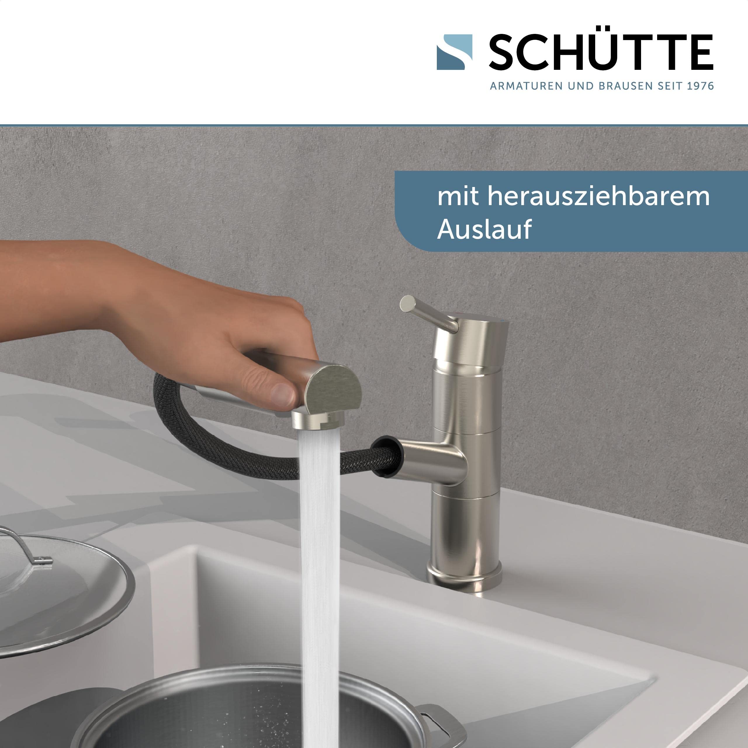 SCHÜTTE UNICORN Küchenarmatur mit ausziehbarer Geschirrbrause, Mischbatterie mit Einhebelmischer, Spültischarmatur Edelstahloptik, Edelstahl