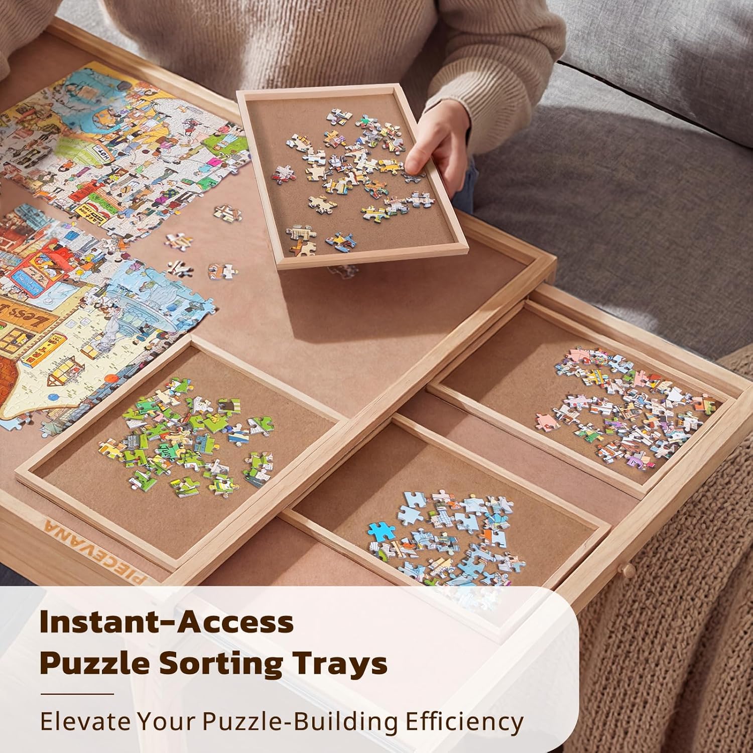 Puzzle Table with Legs & 2 Drawers & 6 Sorting Trays & Cover, 33.5" x 24.8" Jigsaw Puzzle Table for 1500 Pieces, Large Wooden Foldable Puzzle Desk for Adults