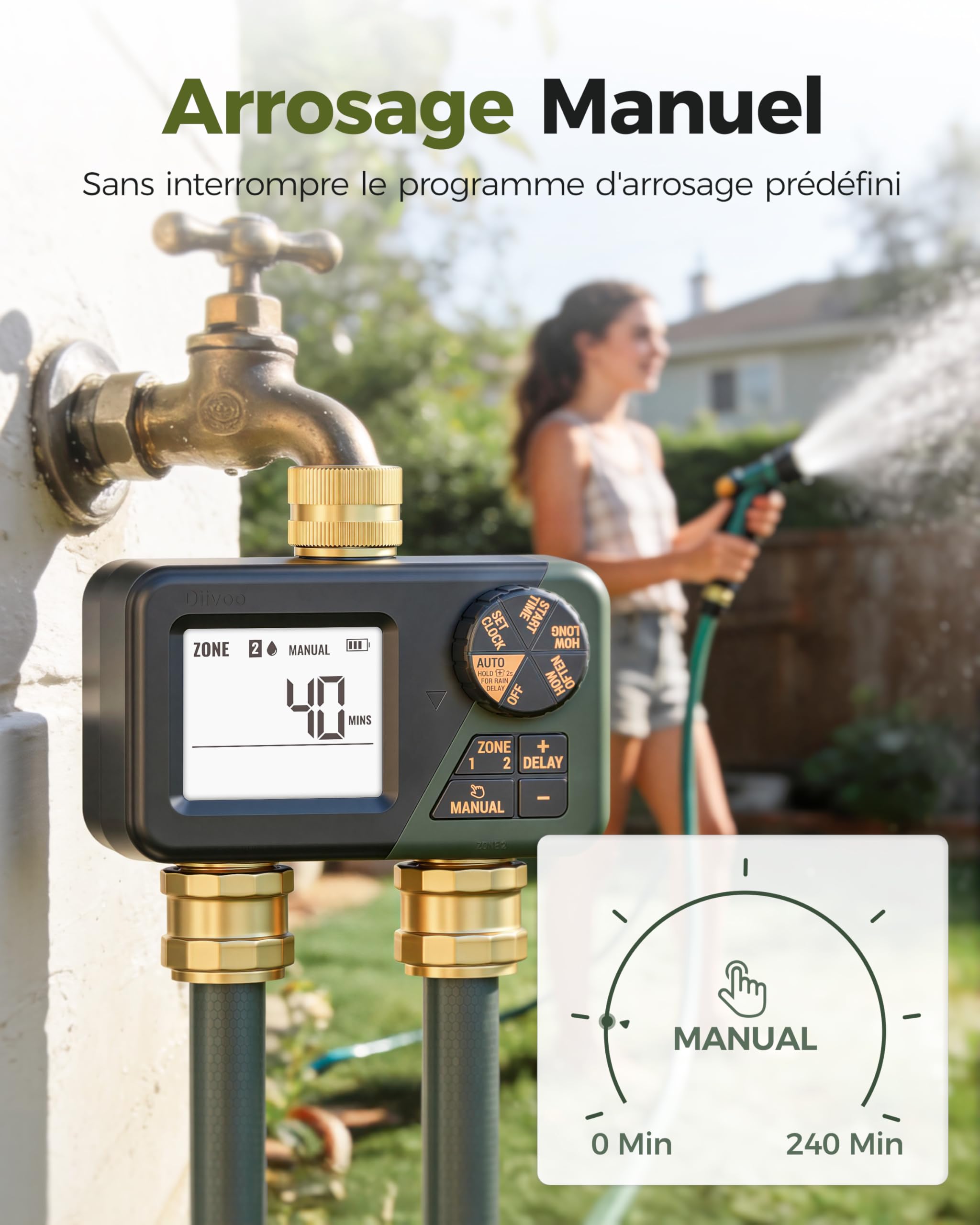 Diivoo Programmateur Arrosage Automatique avec Entrée et Sortie en Laiton, IP66 Minuteur Arrosage avec Grand Écran LCD, Retard de Pluie, Arrosage Manuel pour Pelouse et Jardin