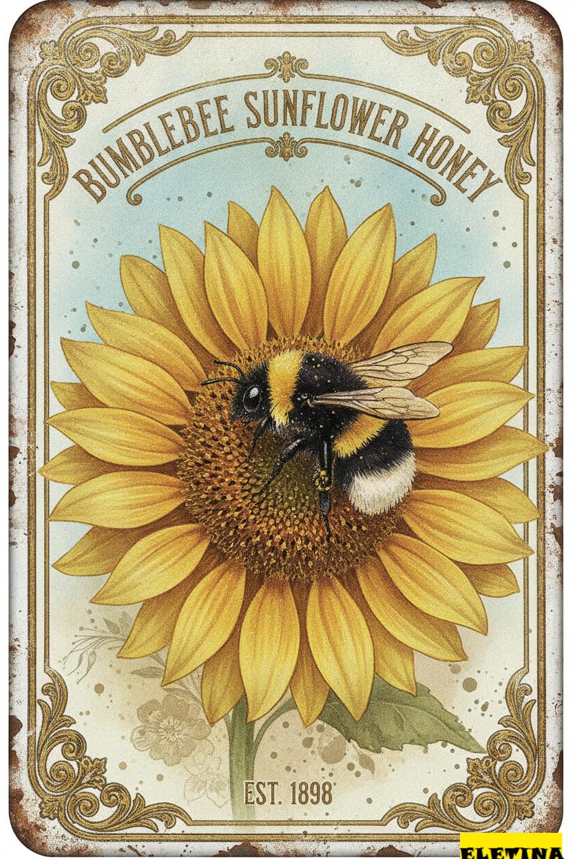 Vintage Bee Sunflower Garden Tin Sign, 8x12 Inch