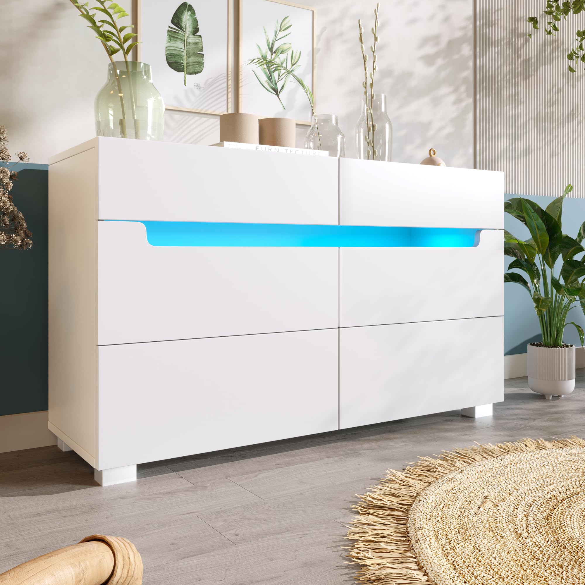 Ball & Cast Sideboard Cabinet Dresser with 6 Drawers,Storage with RGB LED(App Control), Sideboard with Cut-out Handles, 6-drawers Chest of Drawers, 71 x 120 x 40 cm, White