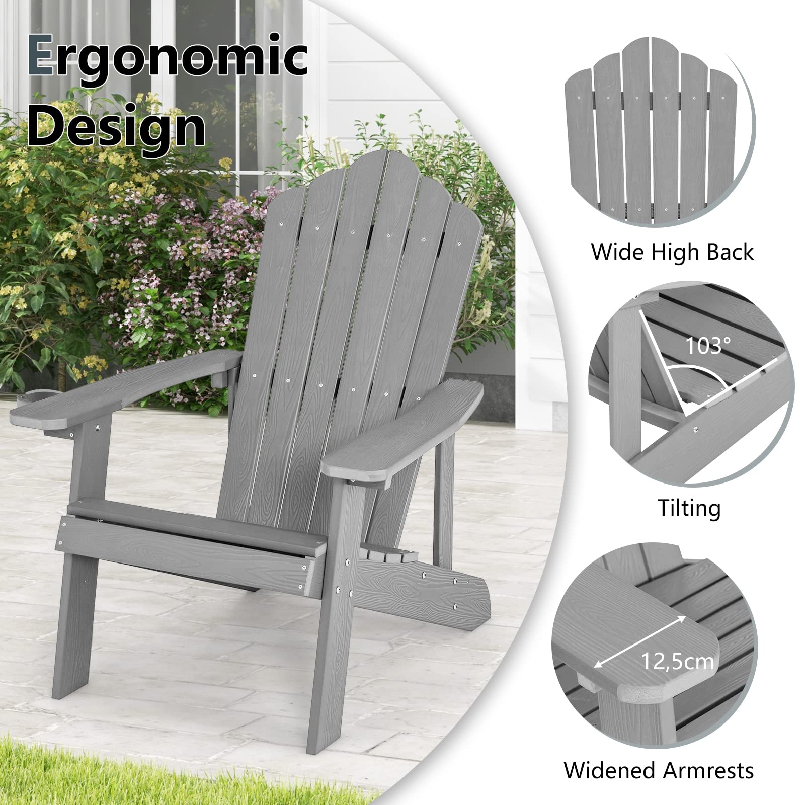 KOMFOTTEU Silla Adirondack de Hips, Sillas de Patio Resistente a Todo Tipo de Clima, Silla para Fogata con Soporte de Tazas para Jardín, Césped, Patio, 77X86X94CM (Gray)