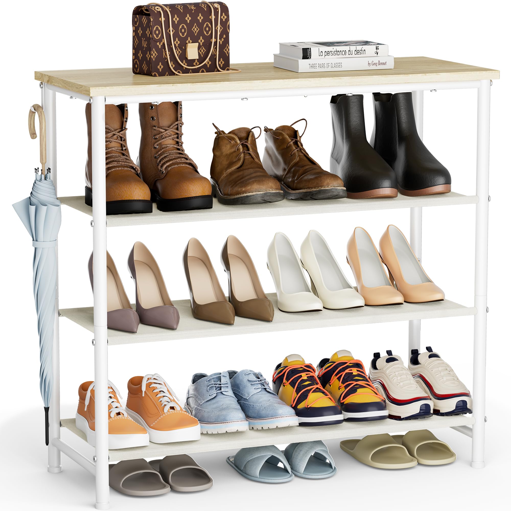 HOMIDEC Shoe Rack, 4-Tier Shoe Storage Shelves with Wooden Top, Shoe Organiser for 12-16 Pairs of Shoes, Dust-proof Fabric Shelves for Flats, Boots, Heels, Sneakers