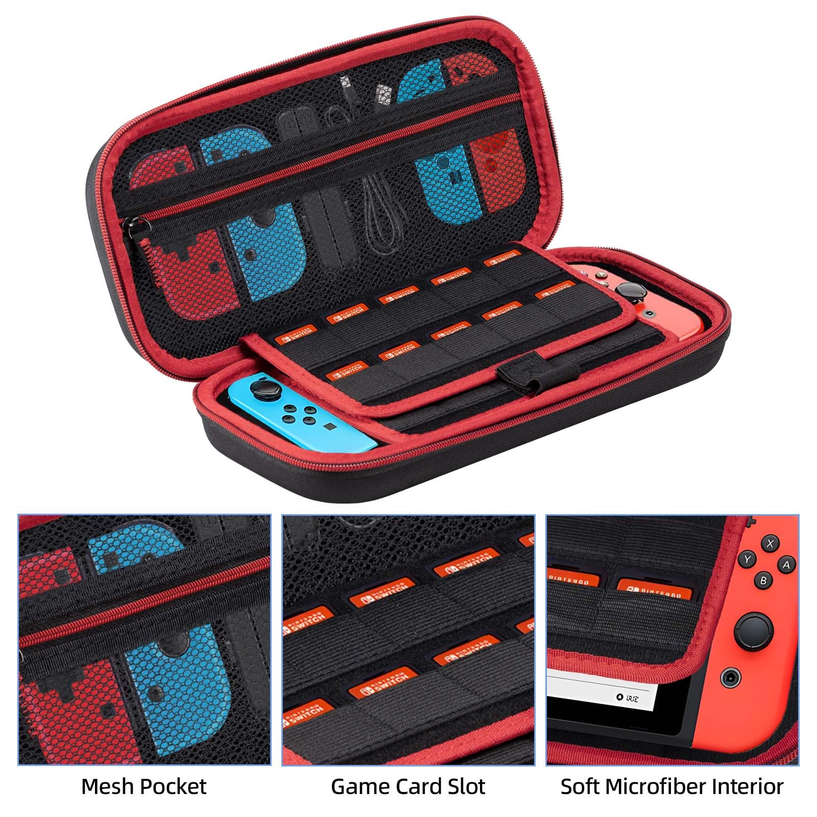 Carehabi Etui kompatybilne z Nintendo Switch i New Switch OLED, twarde etui OLED, z miejscem do przechowywania kaset z 19 przełącznikami, czarne, czarny, organizer kieszonkowy