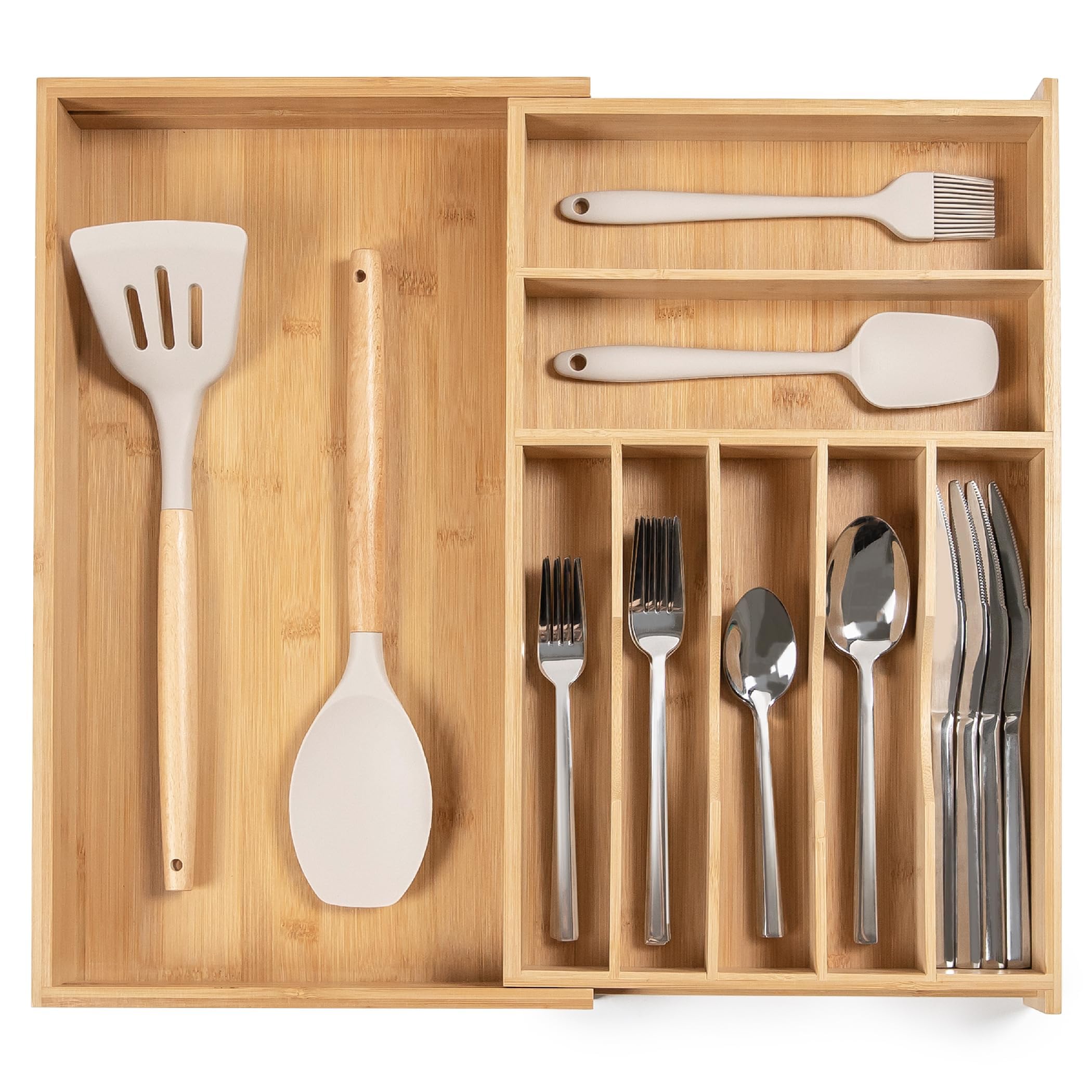 Premium Silverware, Flatware and Utensil Organizer for Narrow Kitchen Drawers, Expandable 10.5 to 19 in, 8 Storage Compartments, Non-Slip Feet, Food-Safe, 100% Bamboo Wood