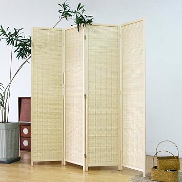 Furnnylane 4 Panel Bamboo Room Divider and Folding Panel Screen,Bamboo Panel Divider for Room Separation,Beige,170 cm H x 156 cm W