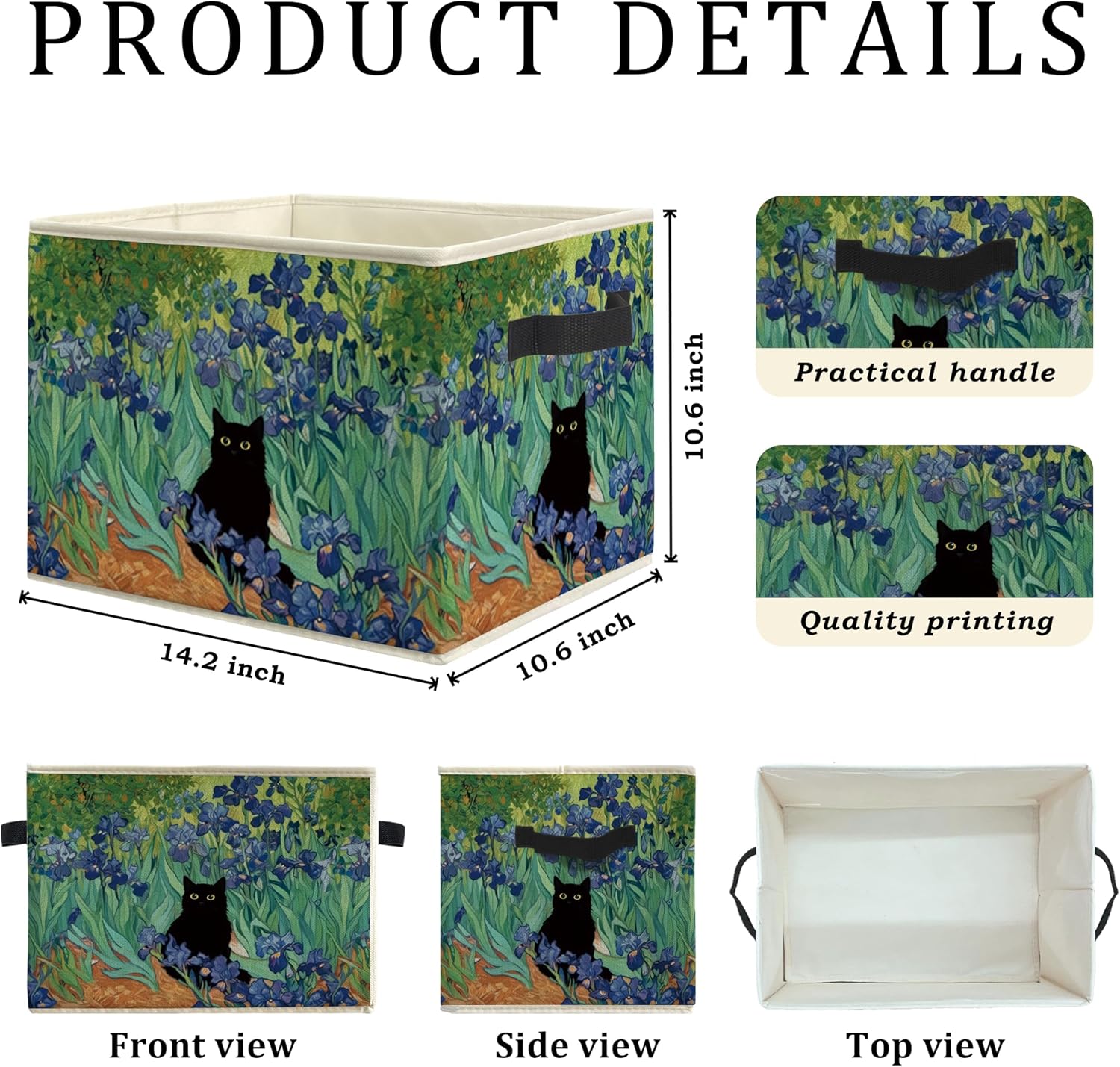Irises Floral Black Cat Storage Bin Box, Cat Lover Mom Lady Grandma Gifts Collapsible Storage Basket Organizer for Bedroom Bathroom Home Clothes Toys Books, Toybox for Girls image 2