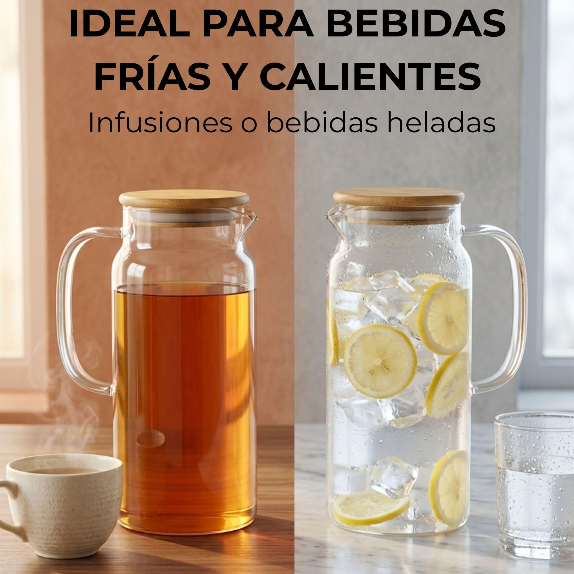 Jarra de Agua Cristal 1,2L con Tapa Bambú Natural. Jarra de Agua en Vidrio Borosilicato Resistente al Calor, Botella Cristal Reutilizable, Vida Saludable. (1,2 Litros, Tapa de Bambu) - 4