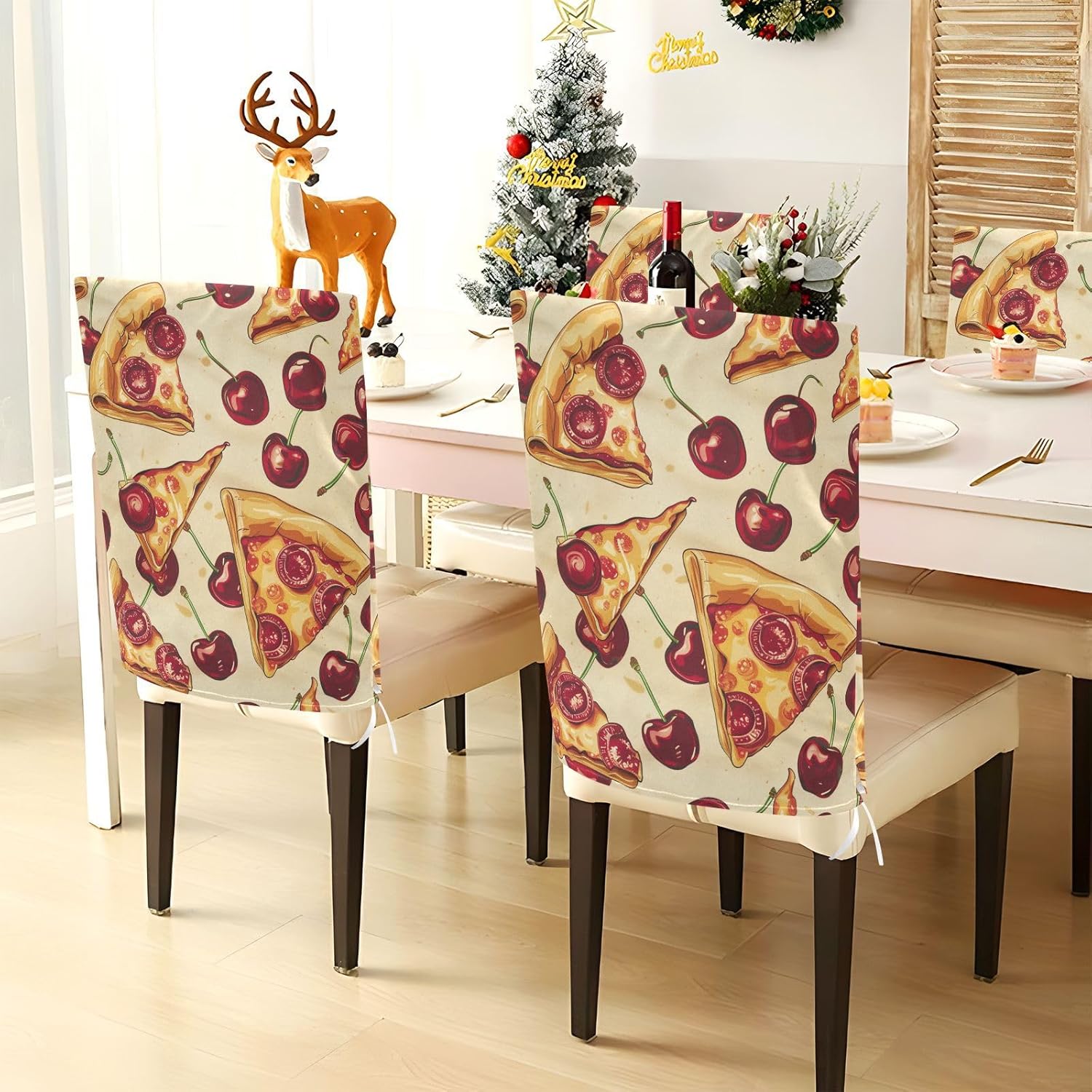 ALAZA Vintage Pizza Cherry Chair Back Cover Set of 6, Washable Reusable Removable Chair Slipcovers Decorative Chair Cover for Home Kitchen Wedding Party