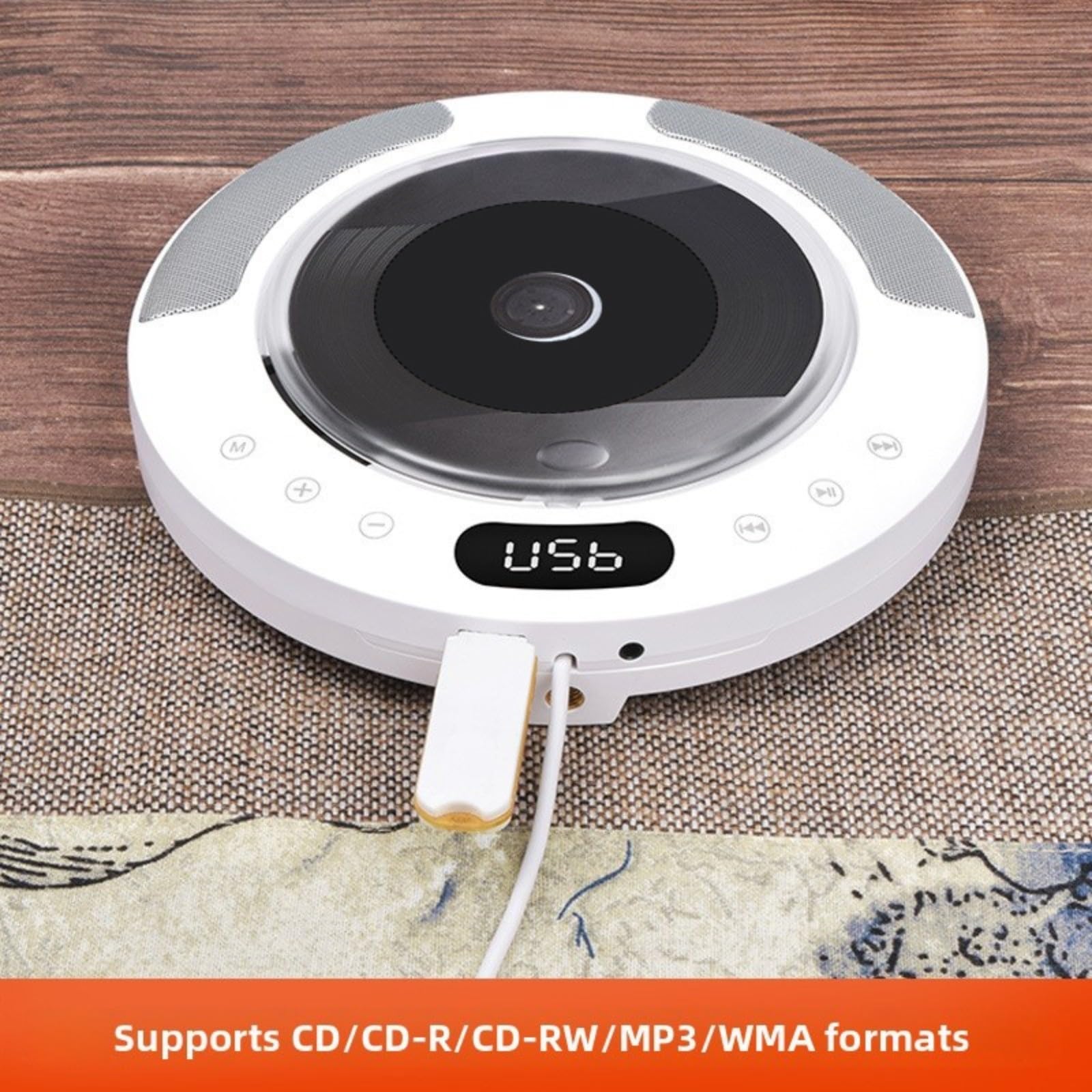 Lettore CD portatile con audio surround 51, radio FM compatibile con Bluetooth, supporta CD/CD-R/MP3/WMA, dispositivo audio compatto per casa e viaggi, bianco