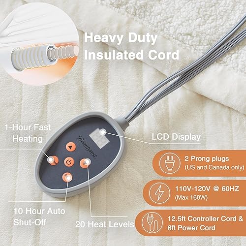 Vista 95 de Beautyrest - Manta Eléctrica Reversible de Felpa ultraligera - Manta Eléctrica, Regulador de Múltiples Niveles de Calor Acogedor Sofá Sala de Estar