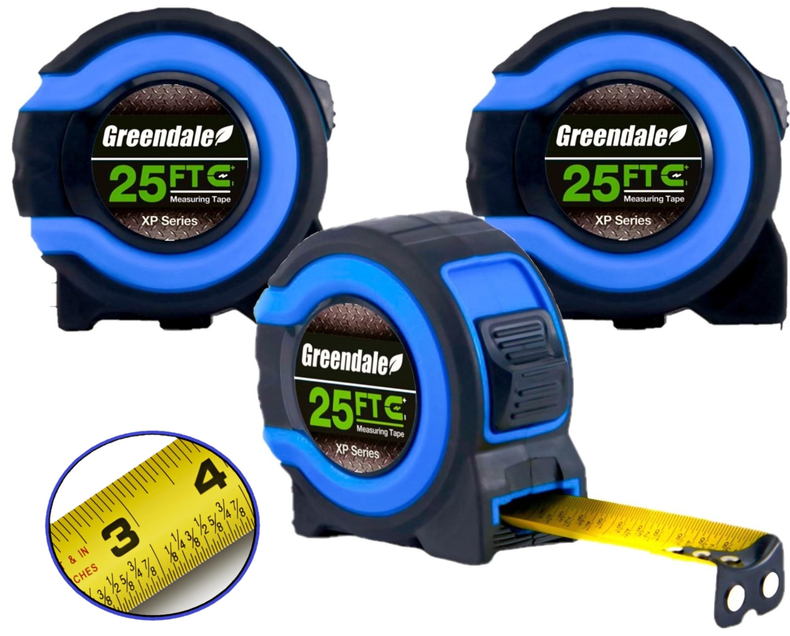 Greendale - 3 Pack - Tape Measures 25 ft - Easy to Read Fractions to 1/8th inch - Magnetic Tip - Thumb and Quick Lock - Autowind - Belt Clip - Blue -