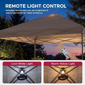 Sunjoy 10ft. x 10ft. POP UP Gazebo, Easy up, 3-Level Adjustable Height, with Detachable LED Light, Remote Control, with Carry Bag, Gray