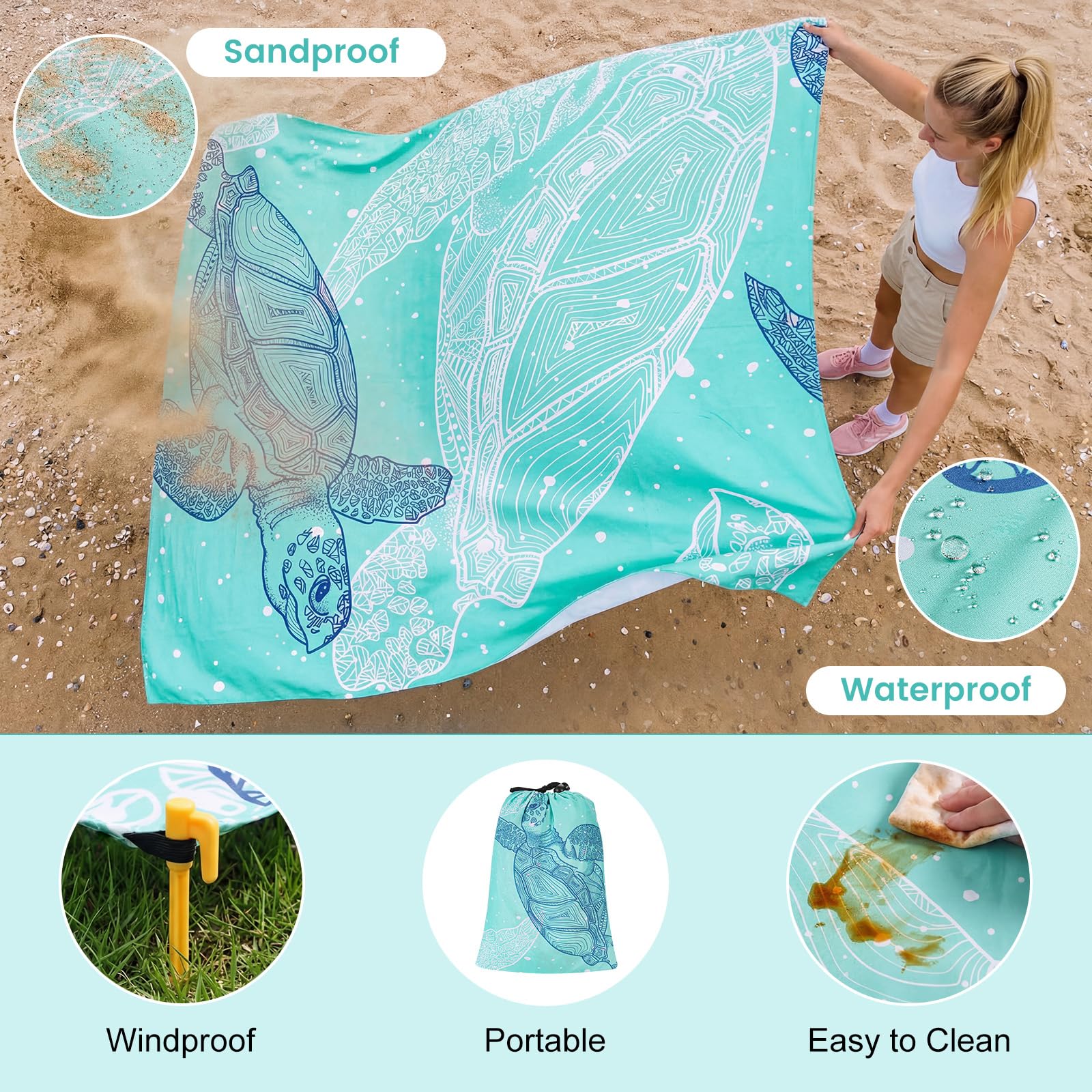 Zocipro Coperta da Picnic Impermeabile 210x200 cm Anti-Sabbia Pieghevole con Picchetti per 4-6 Persone