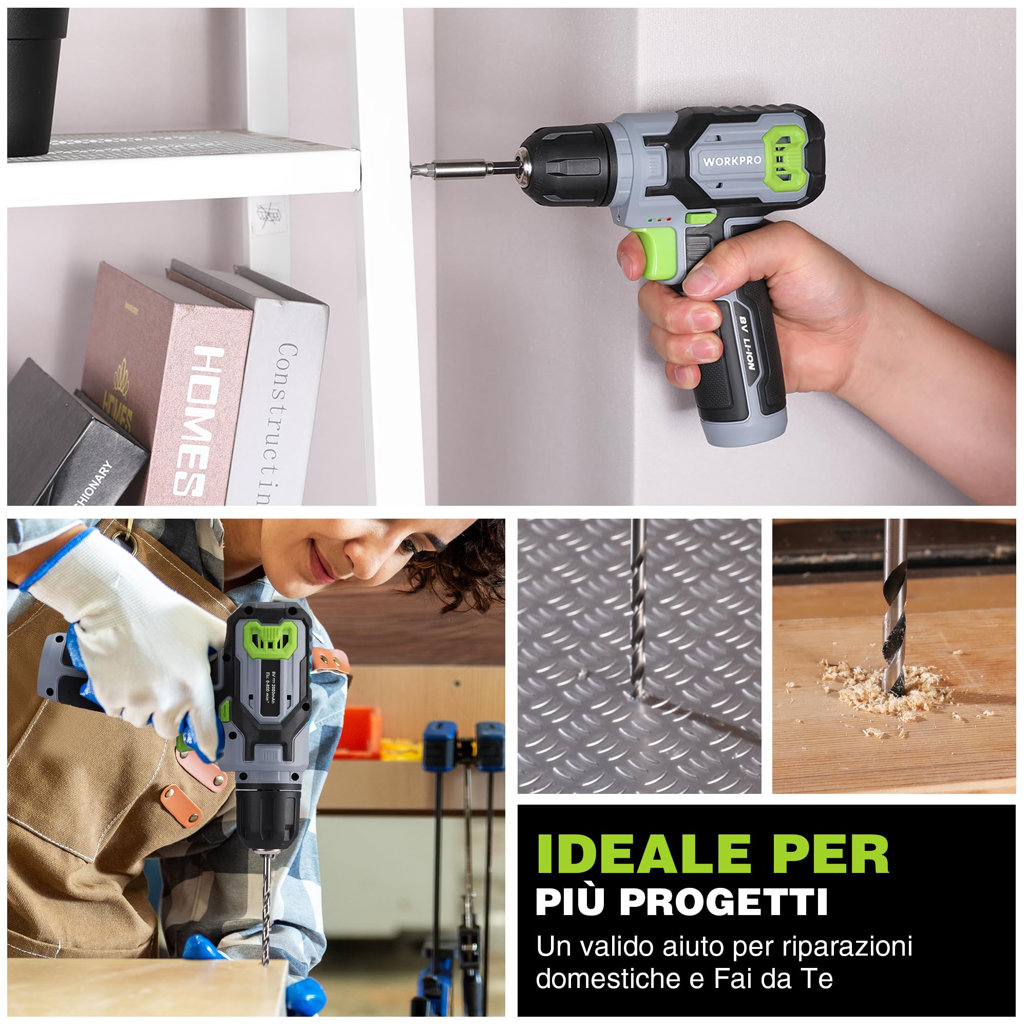 WORKPRO Cacciavite a Batteria 8V | Trapano Avvitatore a Velocità Variabile, Ricaricabile, Luce LED, Con 21 Accessori, Verde